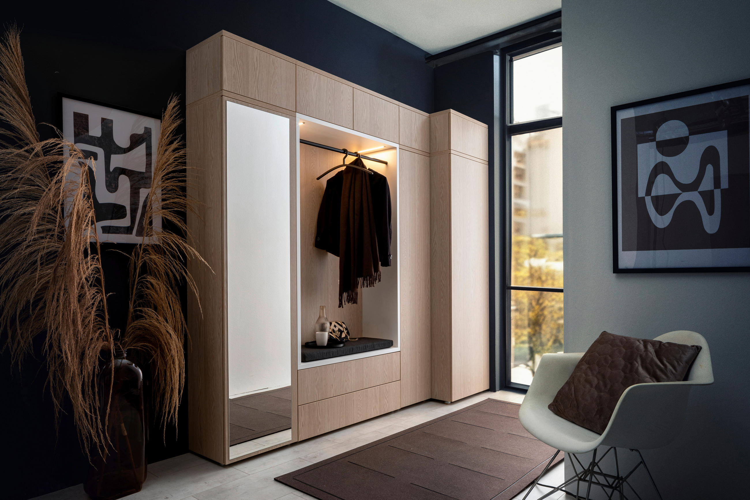 GARDEROBE 10-teilig  in 250/233/59 cm  - Eichefarben/Weiß, Design, Holzwerkstoff/Textil (250/233/59cm) - Moderano