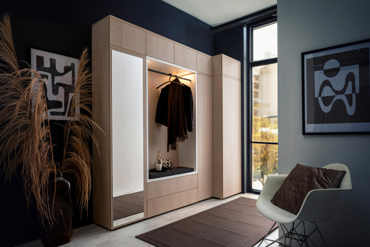 GARDEROBE 10-teilig  in 250/233/59 cm  - Weiss/Eichefarben, Design, Holzwerkstoff/Textil (250/233/59cm) - Moderano