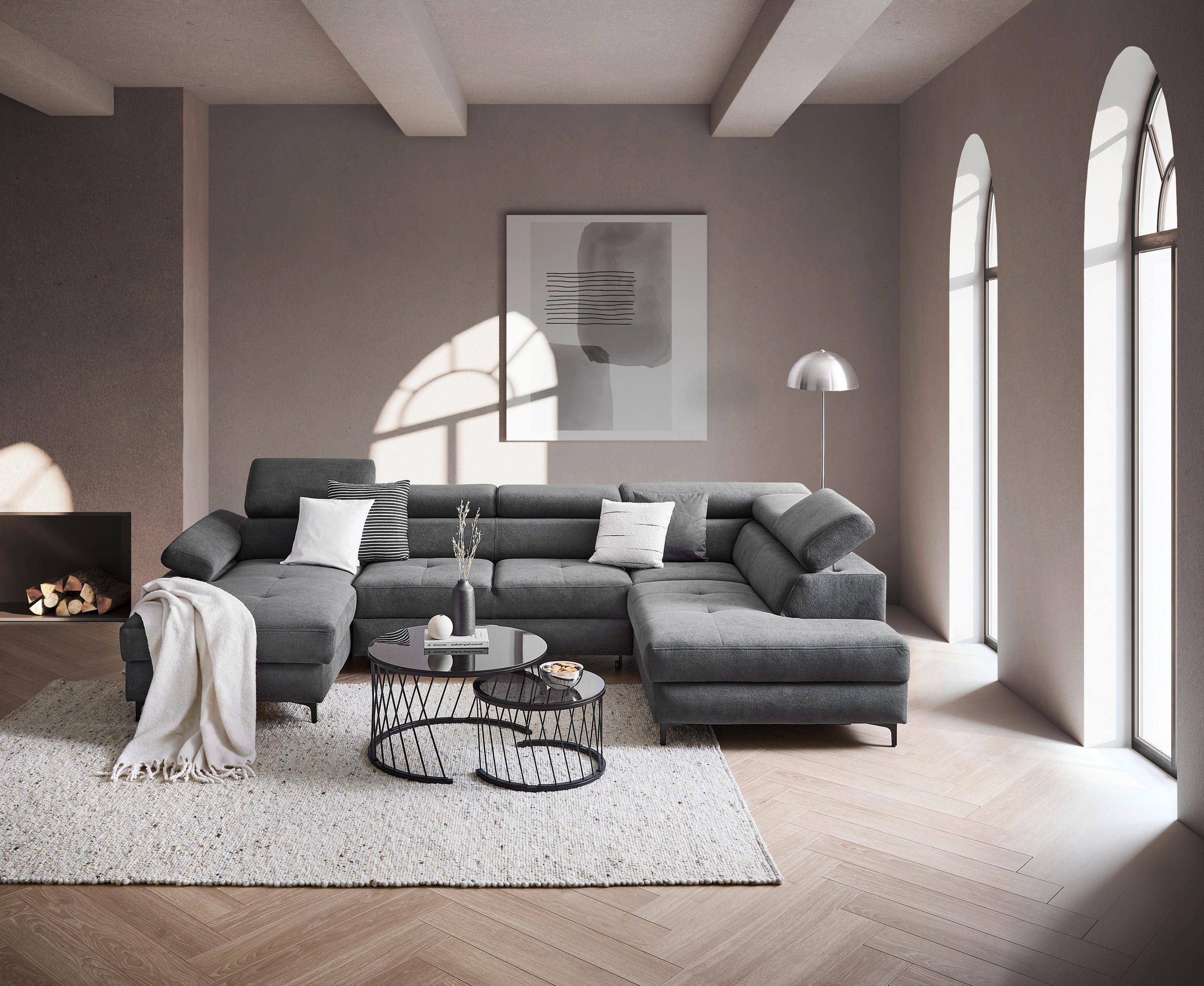 SEDACÍ SOUPRAVA, textil, barvy grafitu - černá/barvy grafitu, Moderní, kov/textil (180/333/206cm) - Stylife