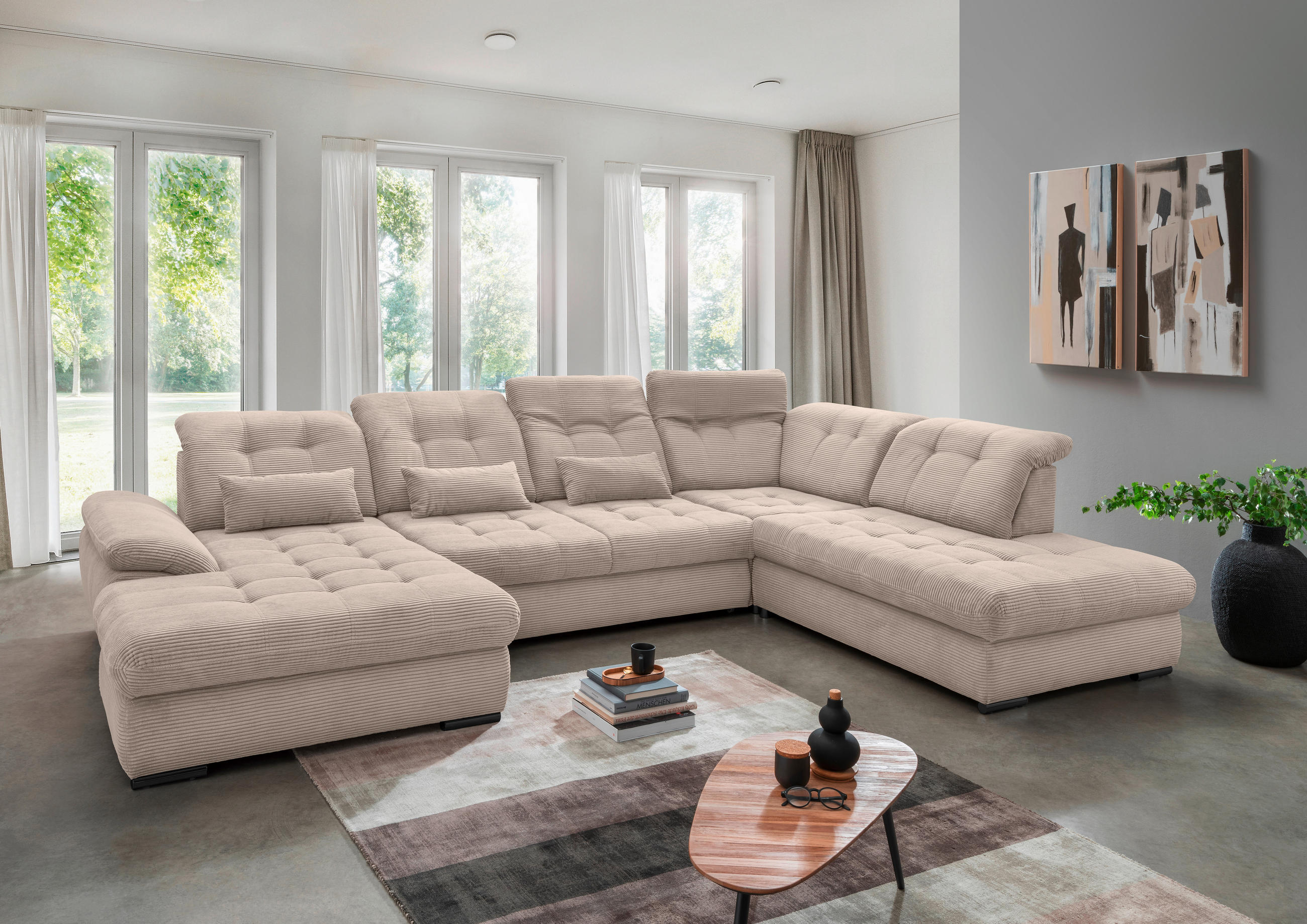 WOHNLANDSCHAFT Beige Cord - Beige/Schwarz, MODERN, Textil/Metall (184/387/252cm) - Livetastic