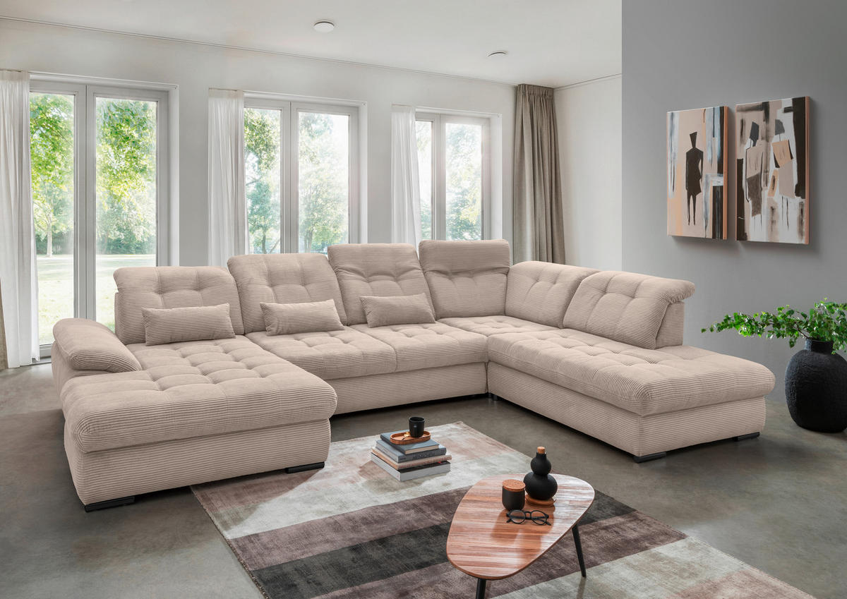 SALON PANORAMIQUE in Cord Beige  - beige/noir, Modern, textile/métal (184/387/252cm) - Livetastic