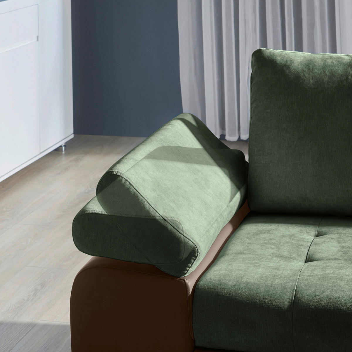SEDEŽNA GARNITURA, gladka tkanina olivno zelena , rjava  - barve niklja/olivno zelena, Design, umetna masa/tekstil (271/175cm) - Xora