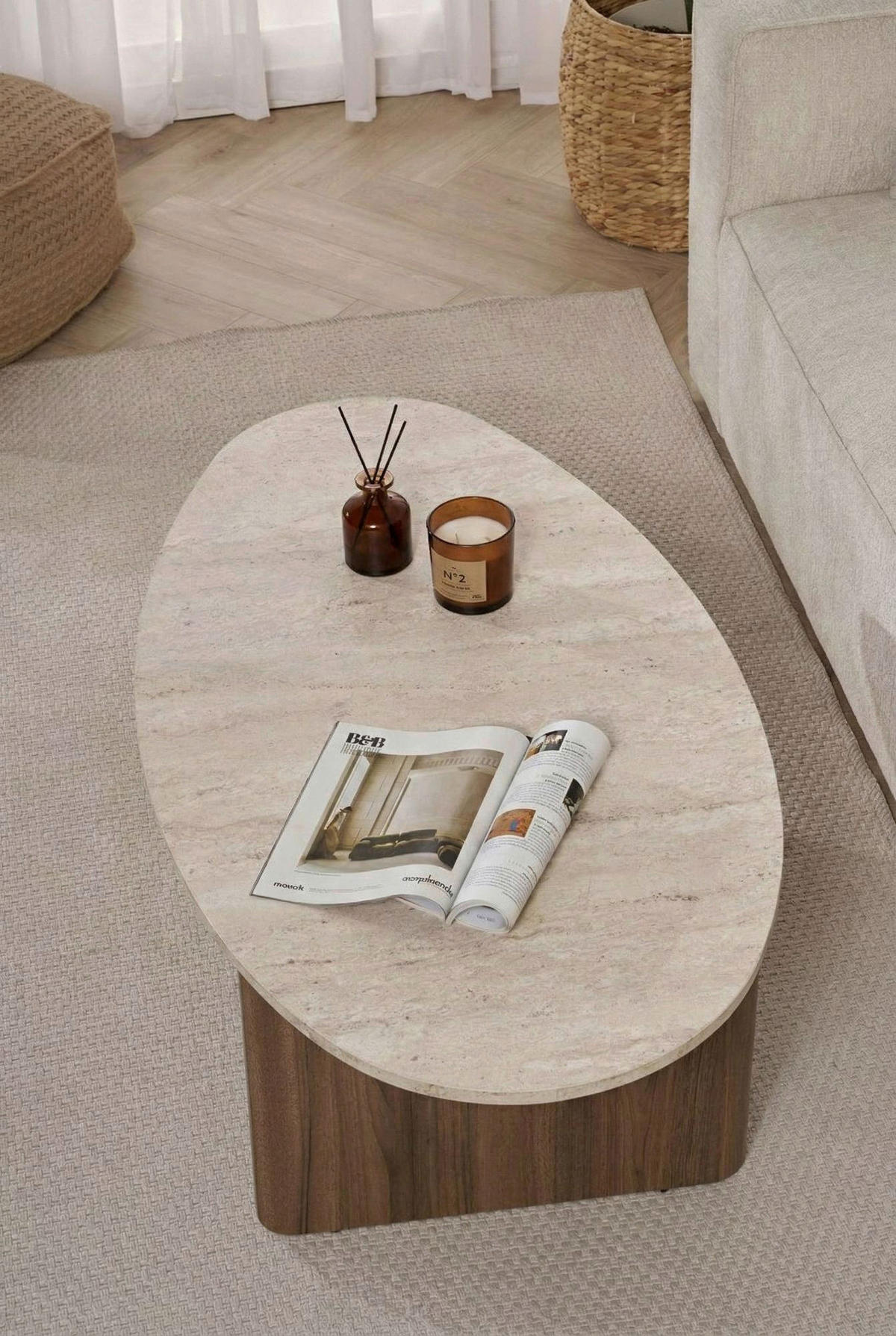COUCHTISCH 120/40/65 cm Freiform Creme, Walnussfarben  - Walnussfarben/Creme, Design, Holzwerkstoff (120/40/65cm) - MID.YOU