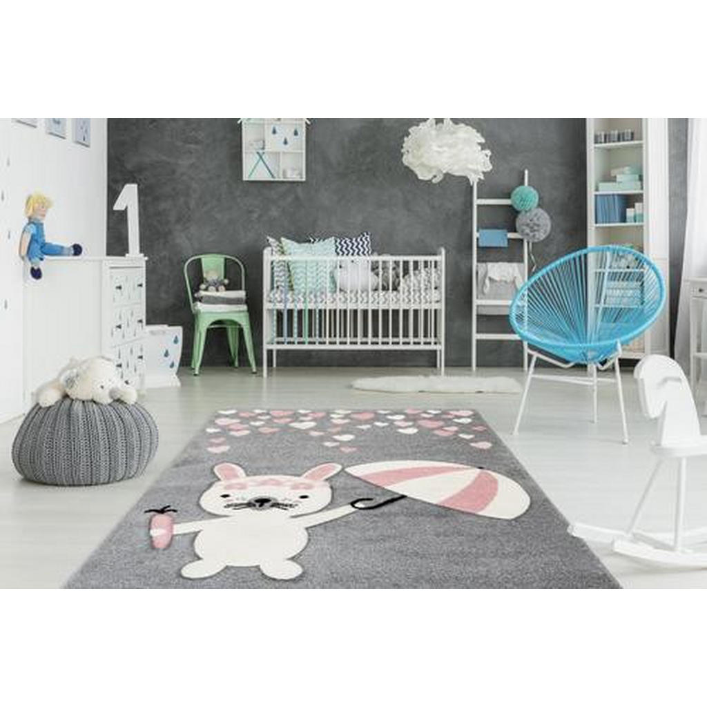 Thumbnail - Kayoom Kinderteppich Clermont, Grau, Rosa, Kunststoff, Tier, rechteckig, 80x150 cm, für Fußbodenheizung geeignet, in ver...