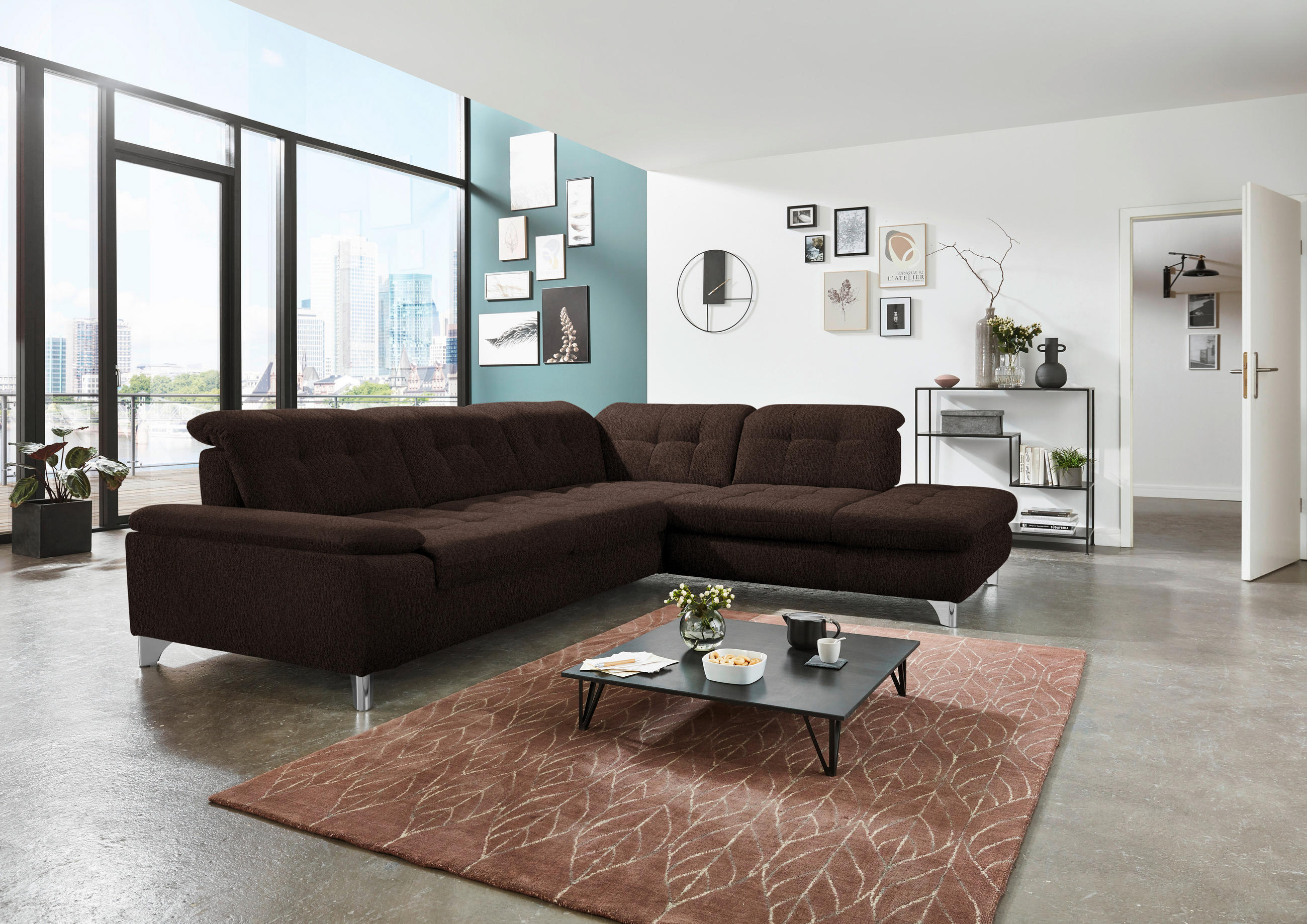 ECKSOFA in Chenille Dunkelbraun  - Chromfarben/Dunkelbraun, Design, Textil/Metall (310/260cm) - Beldomo Speed