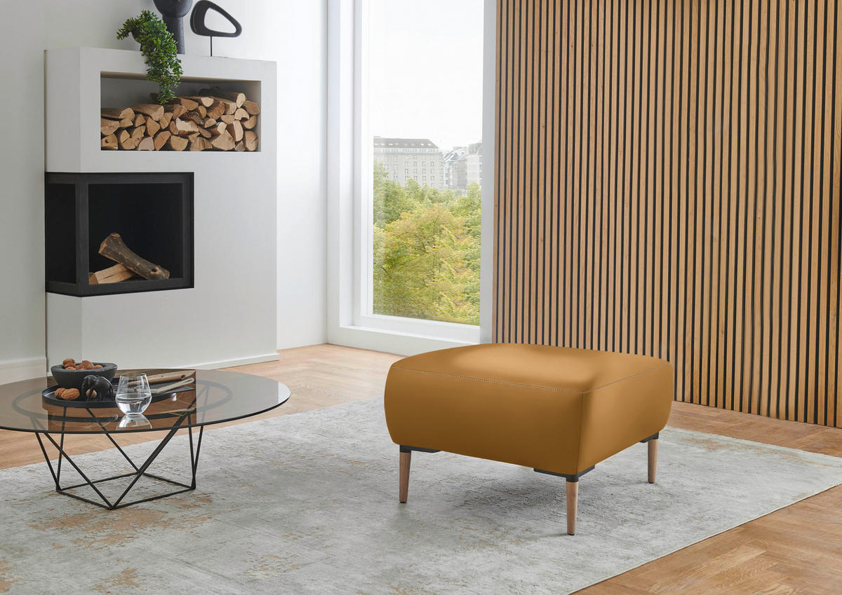 HOCKER in Leder Currygelb  - Currygelb/Beige, Natur, Leder/Holz (65/46/55cm) - Valnatura