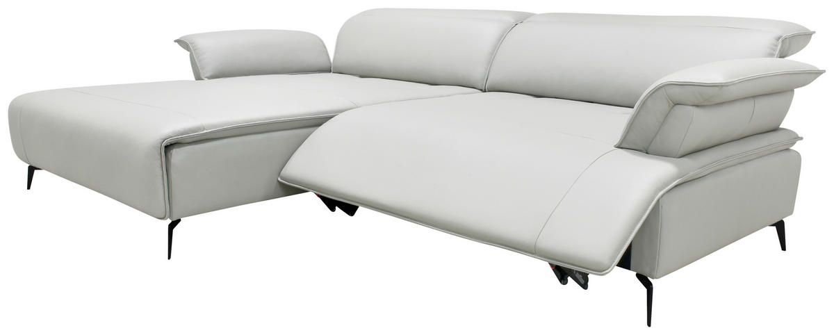 ECKSOFA Hellgrau, Schwarz Echtleder Rückenkissen, Rücken echt, Kopfteilverstellung, Sitztiefenverstellung, Fußteilverstellung, Armlehnenkissen  - Hellgrau/Schwarz, Design, Leder/Metall (280/75-100/112-176cm) - Celina Home
