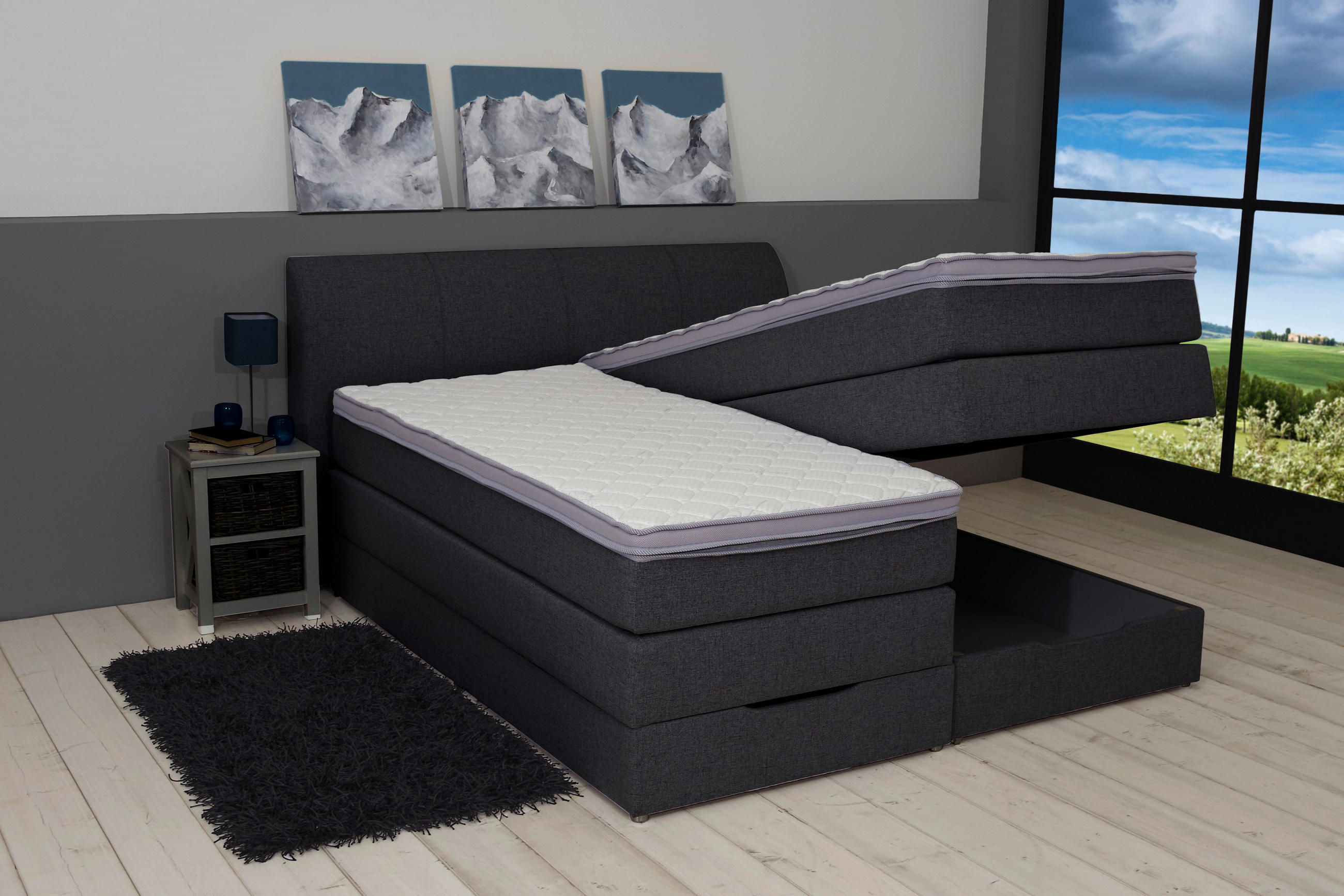 Thumbnail - Carryhome Boxspringbett, Anthrazit, Textil, H2 + H3, 7-Zonen, Höhe ca. 20 cm, 180x200 cm, Topper geteilt, Schlafzimmer, ...