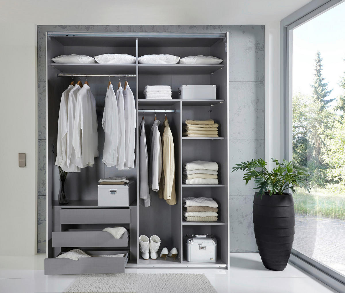 SCHWEBETÜRENSCHRANK 200/216/65 cm 2-türig Grau, Edelstahlfarben, Eiche Artisan  - Edelstahlfarben/Eiche Artisan, KONVENTIONELL, Glas/Holzwerkstoff (200/216/65cm) - Stylife