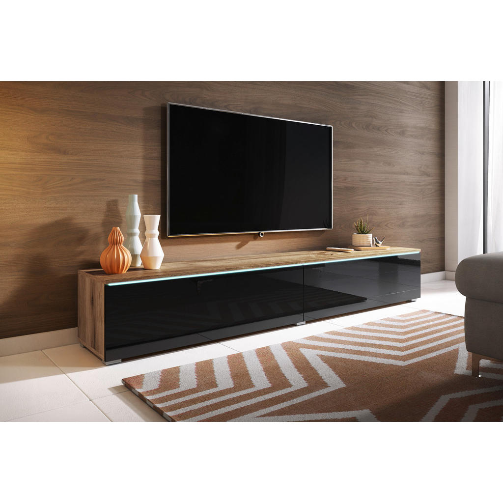 Thumbnail - P & B Lowboard D180, Eiche Wotan, Schwarz Hochglanz, Holzwerkstoff, 180x30x33 cm, Fsc, Made in EU, stehend, hängend, Bel...