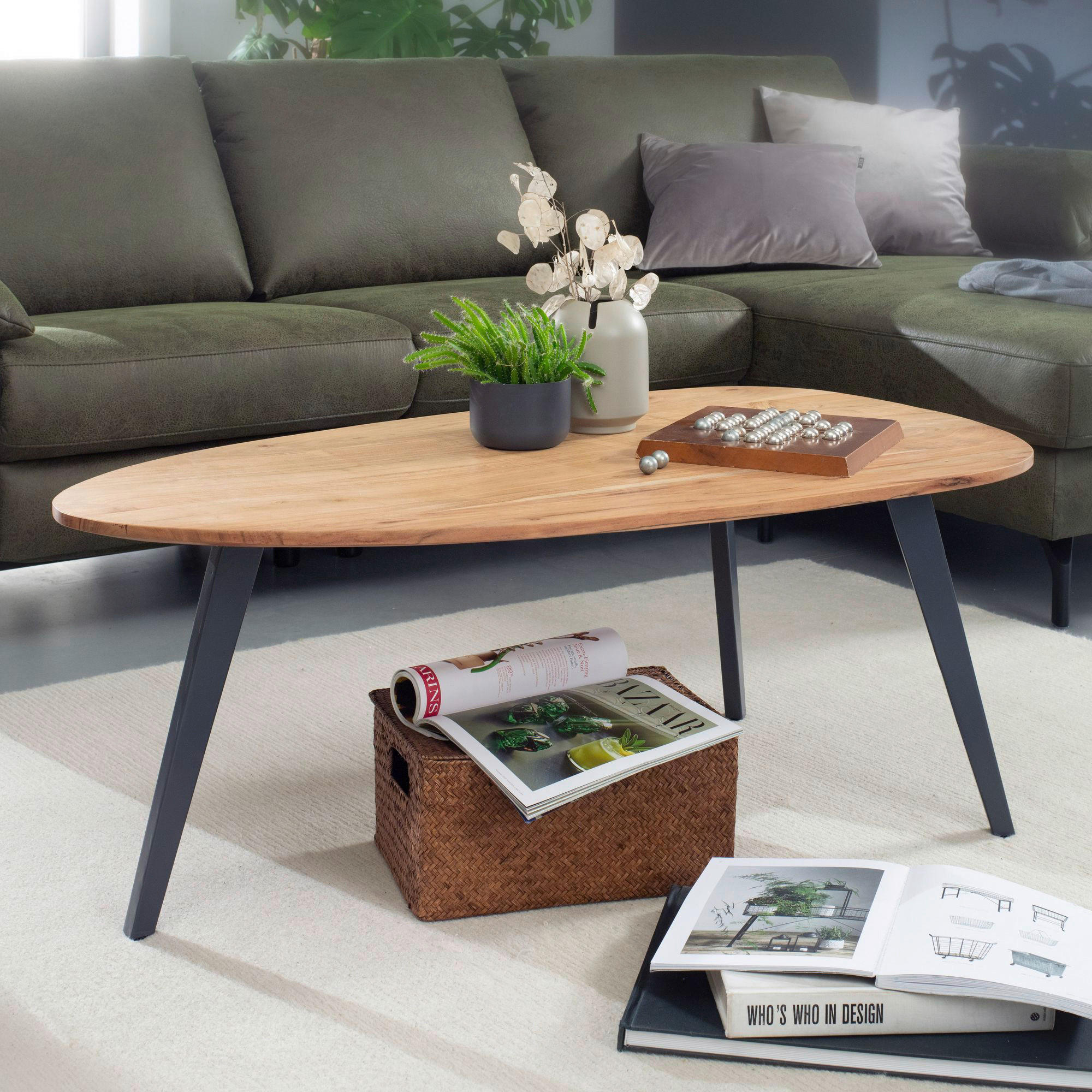 COUCHTISCH Akazie massiv 110/60/45 cm Freiform Akaziefarben  - Grau/Akaziefarben, MODERN, Holz/Metall (110/60/45cm) - MID.YOU