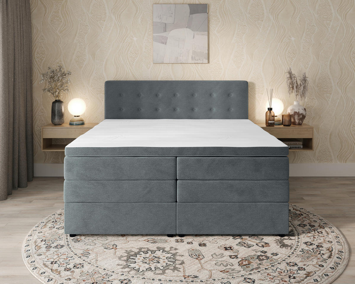 BOXSPRINGBETT 200/200 cm,  in Grau, gepolstertes Kopfteil, Bettkasten, Topper, Matratzen, H2 + H3 = mittel + fest  - Schwarz/Grau, KONVENTIONELL, Kunststoff/Textil (200/200cm) - Chameo