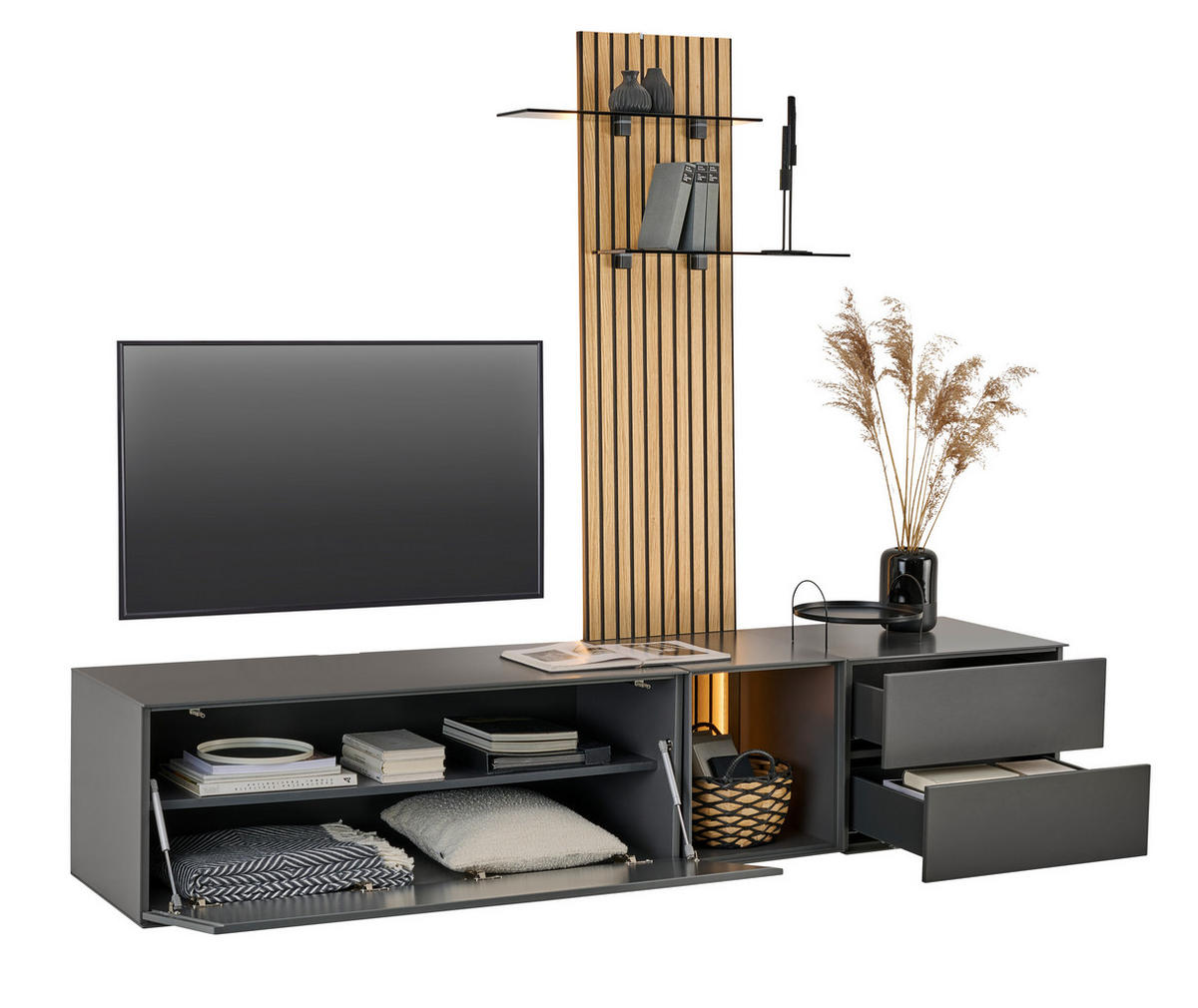 WOHNWAND  in Anthrazit, Eichefarben  221/204/50 cm LED-Leuchtmittel   - Eichefarben/Anthrazit, Design, Glas/Holz (221/204/50cm) - Dieter Knoll