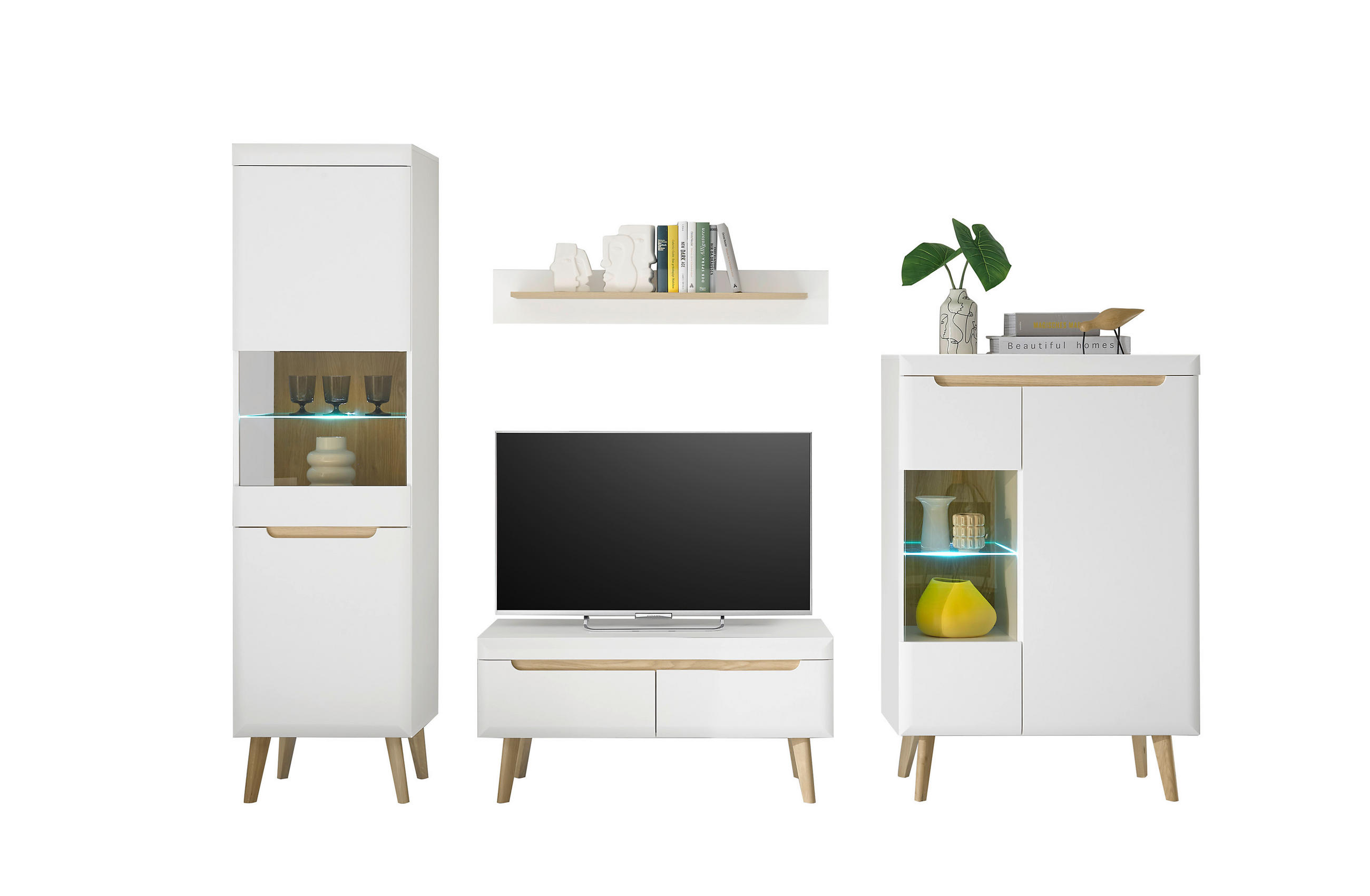 WOHNWAND 4-teilig  in Weiß, Eichefarben  290/197/40 cm  - Eichefarben/Weiß, Design, Glas/Holzwerkstoff (290/197/40cm) - MID.YOU