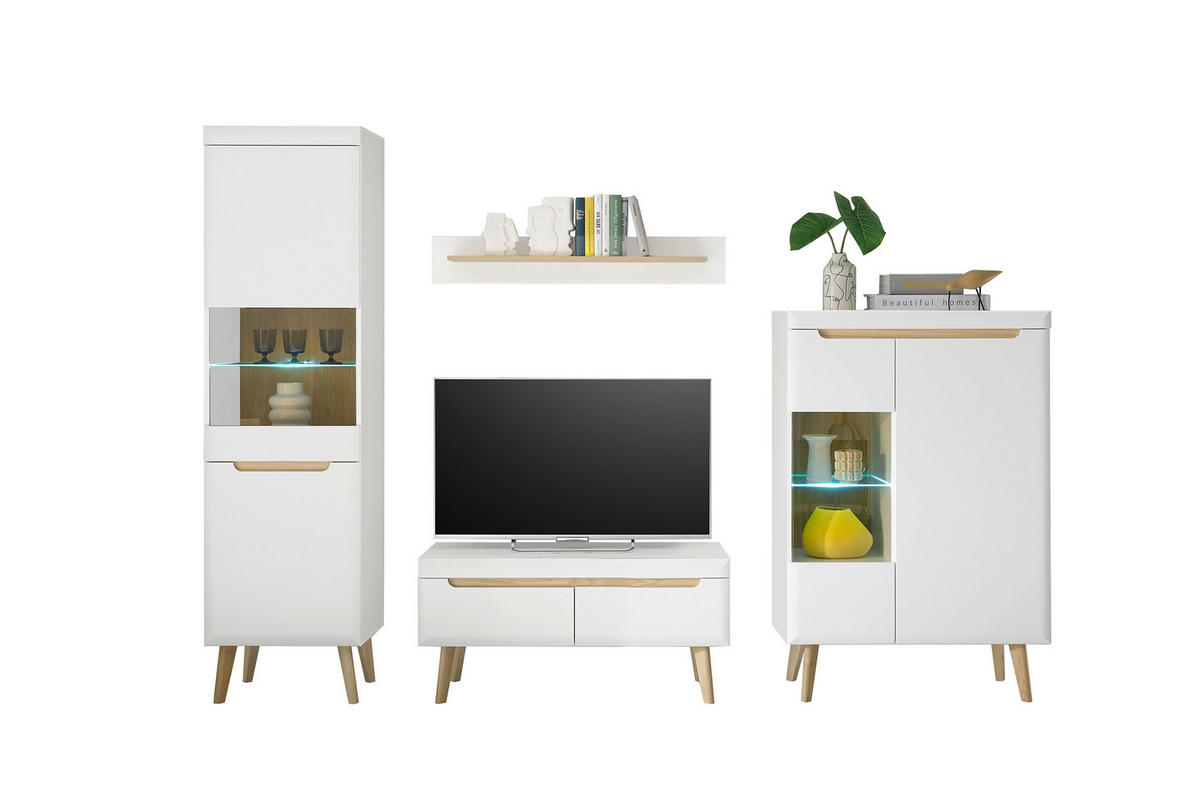 WOHNWAND 4-teilig  in Weiß, Eichefarben  290/197/40 cm  - Eichefarben/Weiß, Design, Glas/Holzwerkstoff (290/197/40cm) - MID.YOU