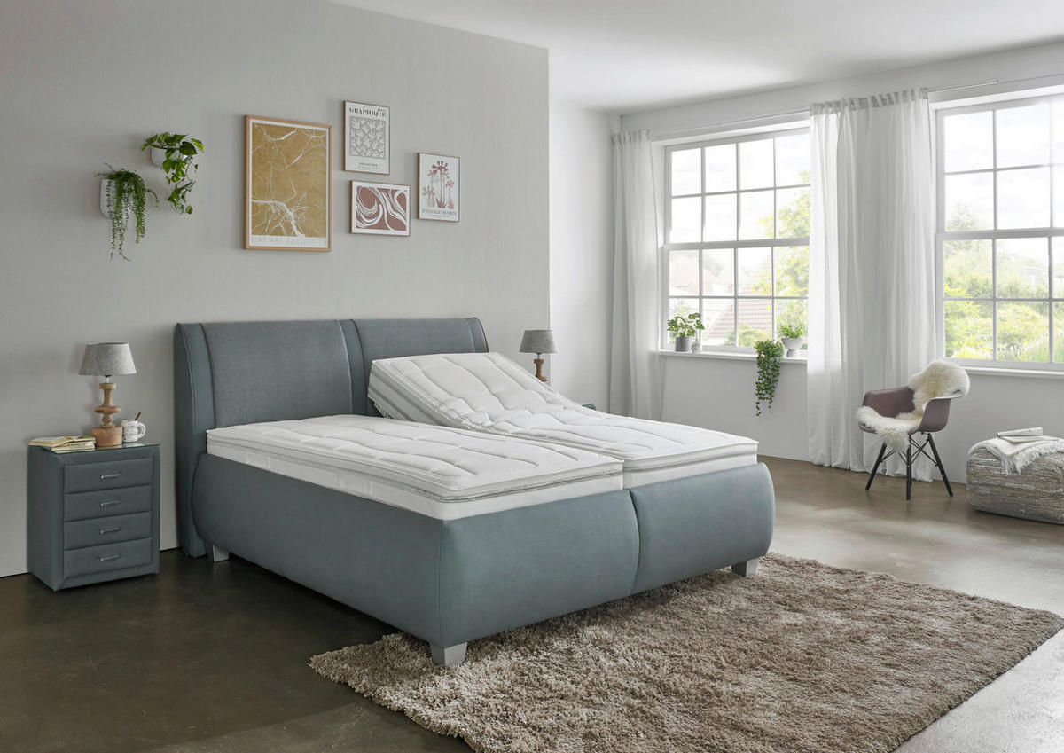 POLSTERBETT 180/200 cm,  in Blaugrau, Matratze, Lattenrost, Bettkasten, unterschiedliche Matratzenhärtegrade je Bettseite, H2 + H2 = mittel  - Silberfarben/Blaugrau, Design, Holzwerkstoff/Kunststoff (180/200cm) - Beldomo - Sleep