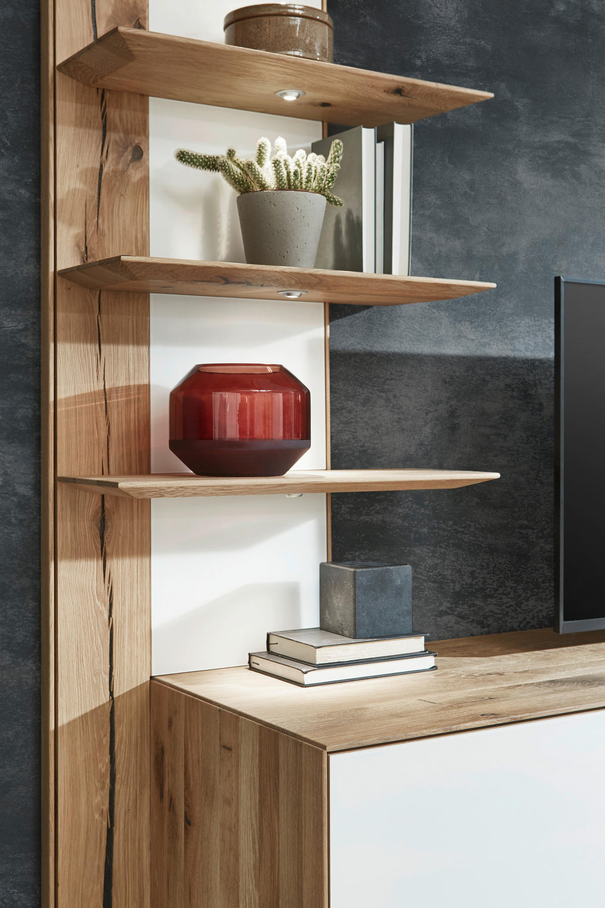 WOHNWAND  Weiss, Eichefarben 297/206/48 cm  - Weiss/Eichefarben, Design, Glas/Holz (297/206/48cm) - Valnatura