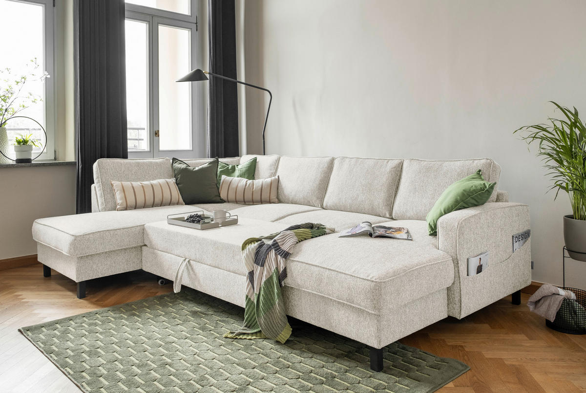 WOHNLANDSCHAFT in Struktur Beige  - Beige/Schwarz, Holz/Textil (198/298/148cm) - MID.YOU