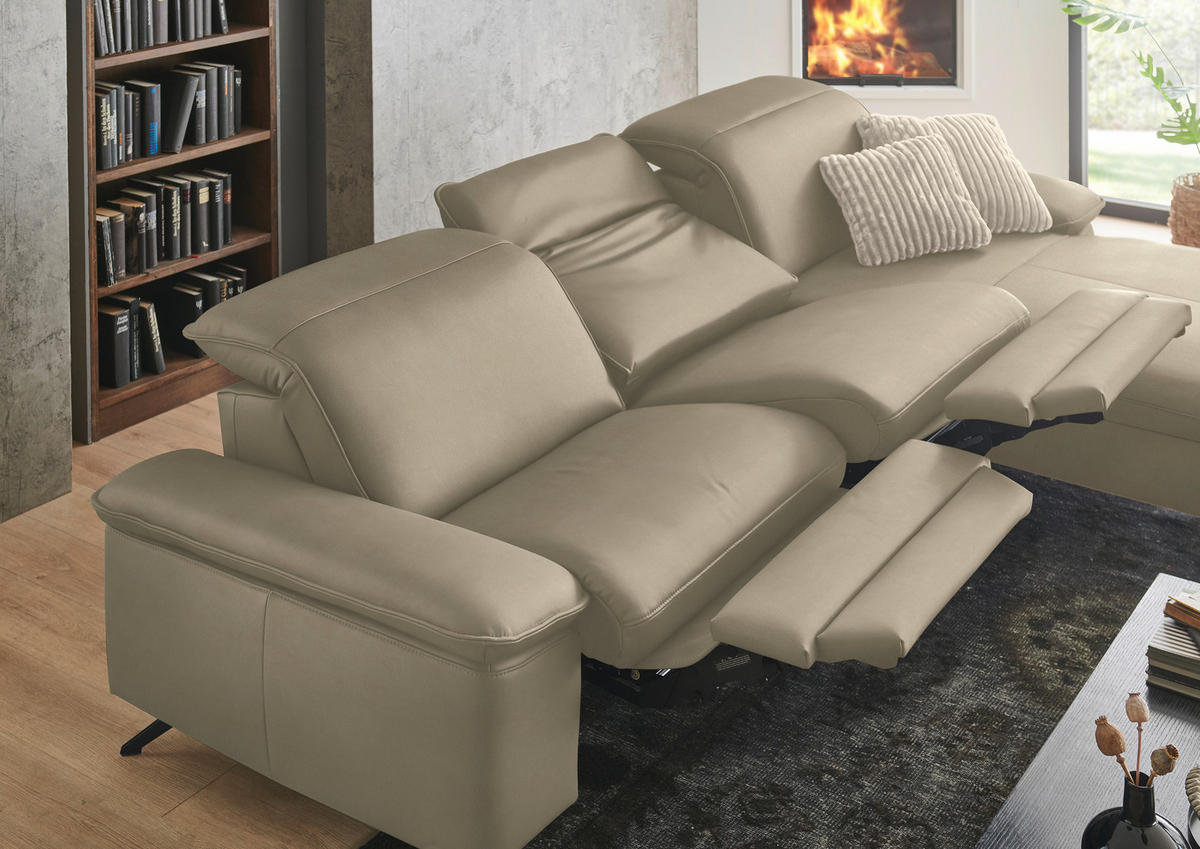 ECKSOFA  Echtleder Sandfarben  - Sandfarben/Schwarz, Design, Leder/Metall (307/169cm) - Beldomo Premium