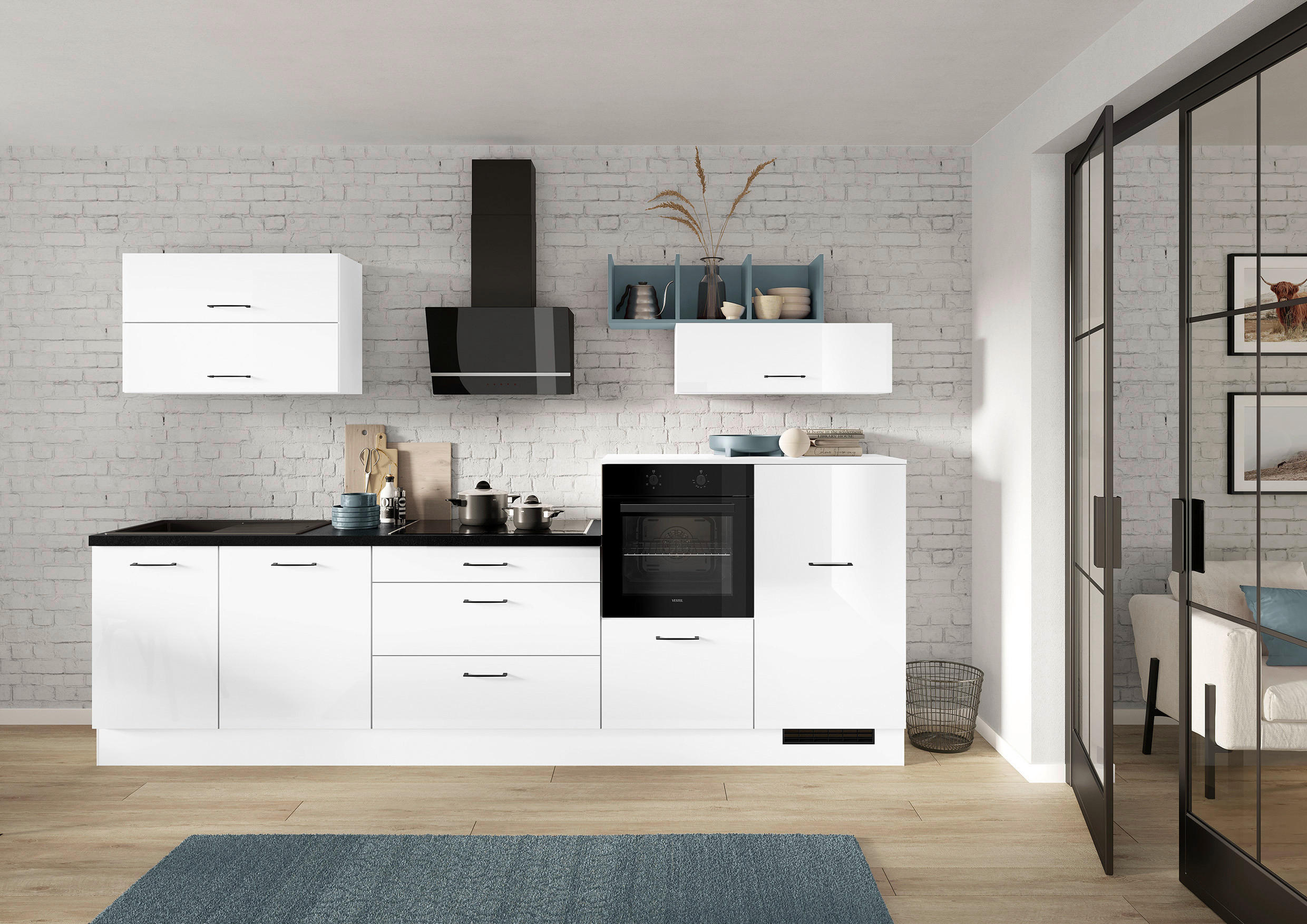 KÜCHENLEERBLOCK 320 cm   in Weiß Hochglanz  - Weiß Hochglanz/Schwarz, Design, Holzwerkstoff/Metall (320cm) - Impuls