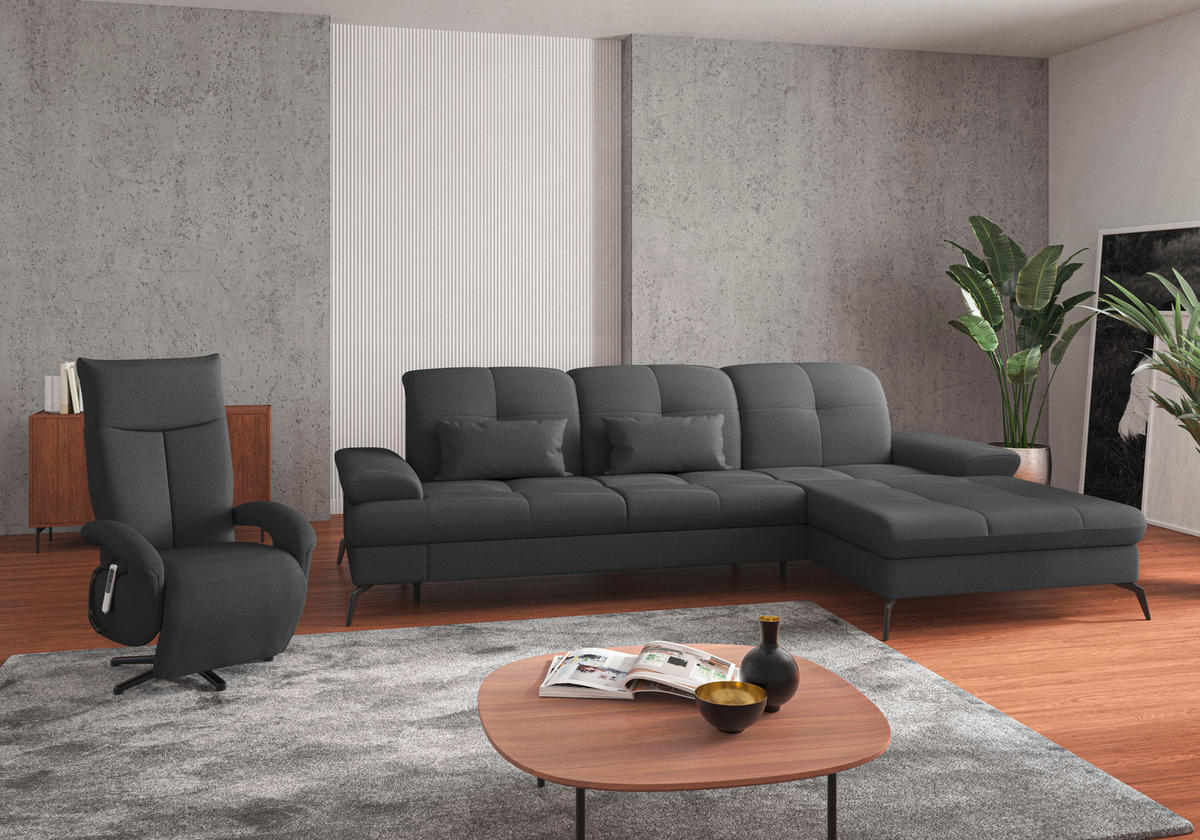 ECKSOFA in Flachgewebe Dunkelgrau  - Dunkelgrau/Schwarz, Konventionell, Textil/Metall (279/185cm) - Sit & More
