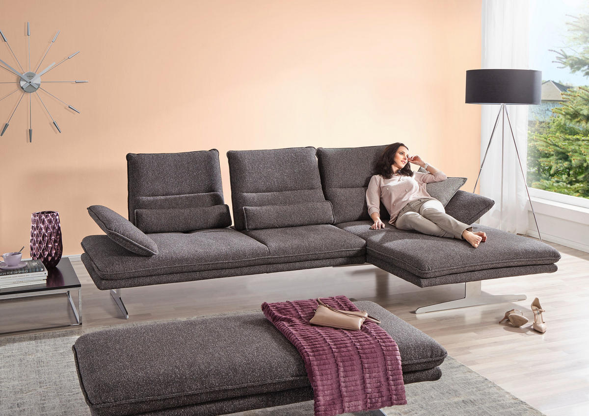 ECKSOFA Webstoff Anthrazit  - Chromfarben/Anthrazit, Design, Textil/Metall (291/164cm) - Chilliano