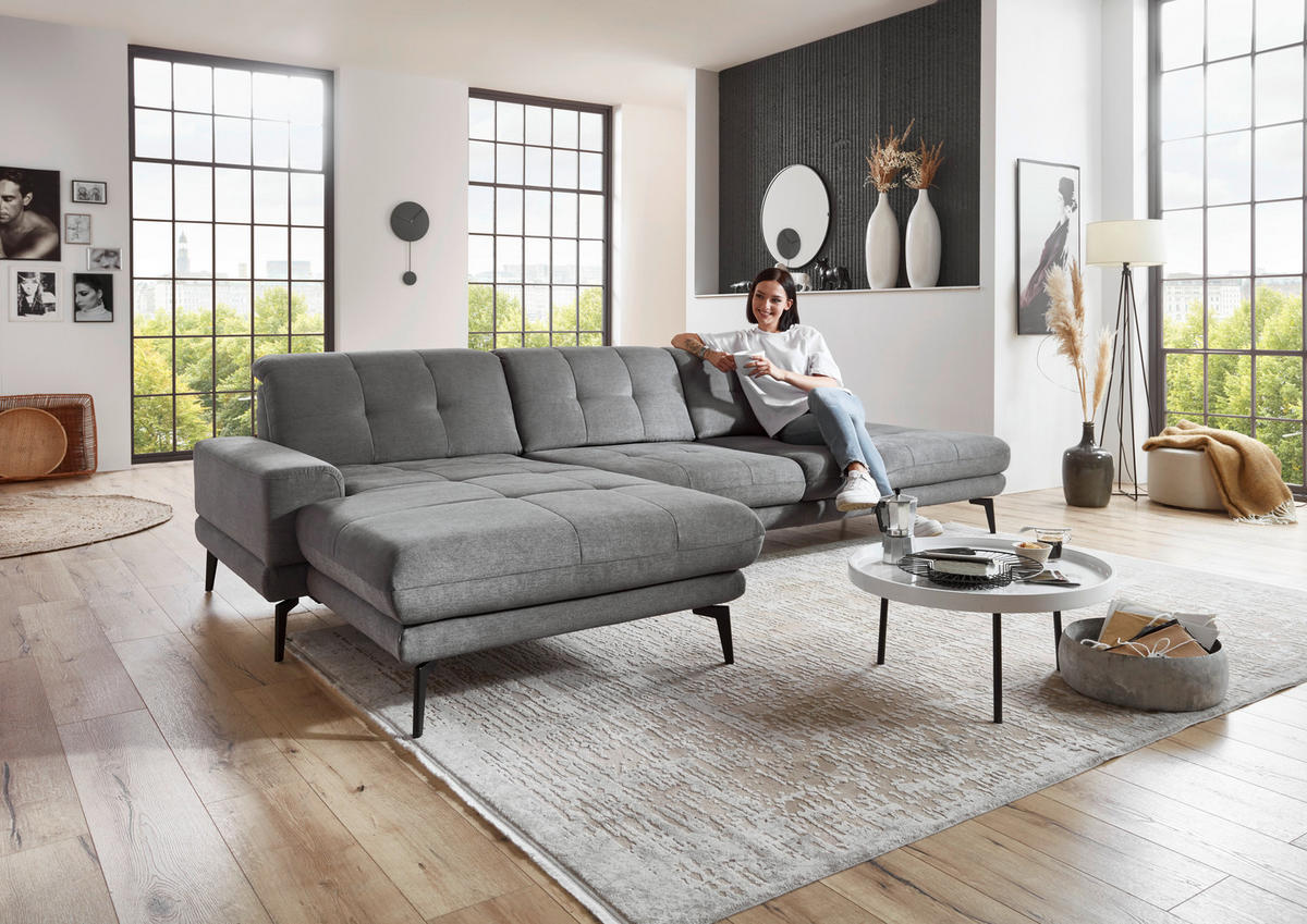 ECKSOFA in Flachgewebe Grau  - Schwarz/Grau, Design, Textil/Metall (190/309cm) - Beldomo Style