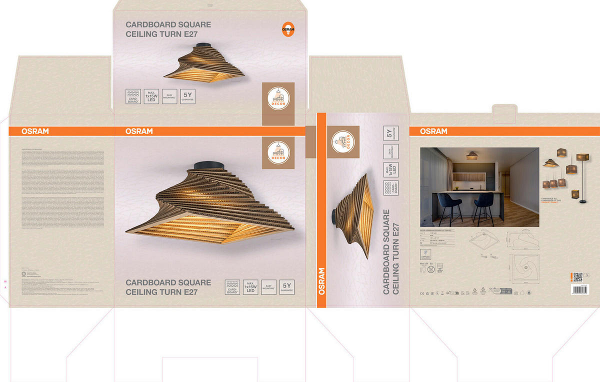 DECKENLEUCHTE Modern 40/40/22,5 cm    - Natur, Karton/Metall (40/40/22,5cm) - Osram