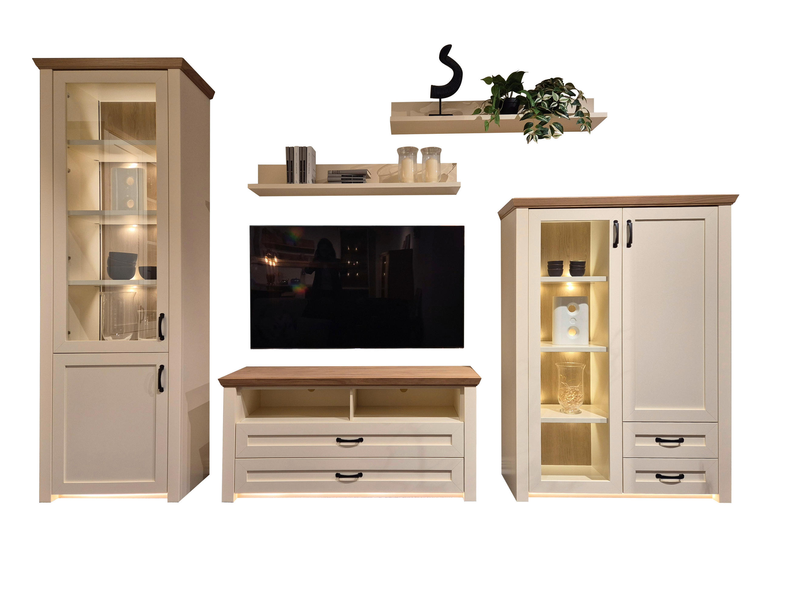 WOHNWAND  in Creme, Eichefarben  373/220/43 cm  - Eichefarben/Creme, LIFESTYLE, Glas/Holz (373/220/43cm) - Landscape