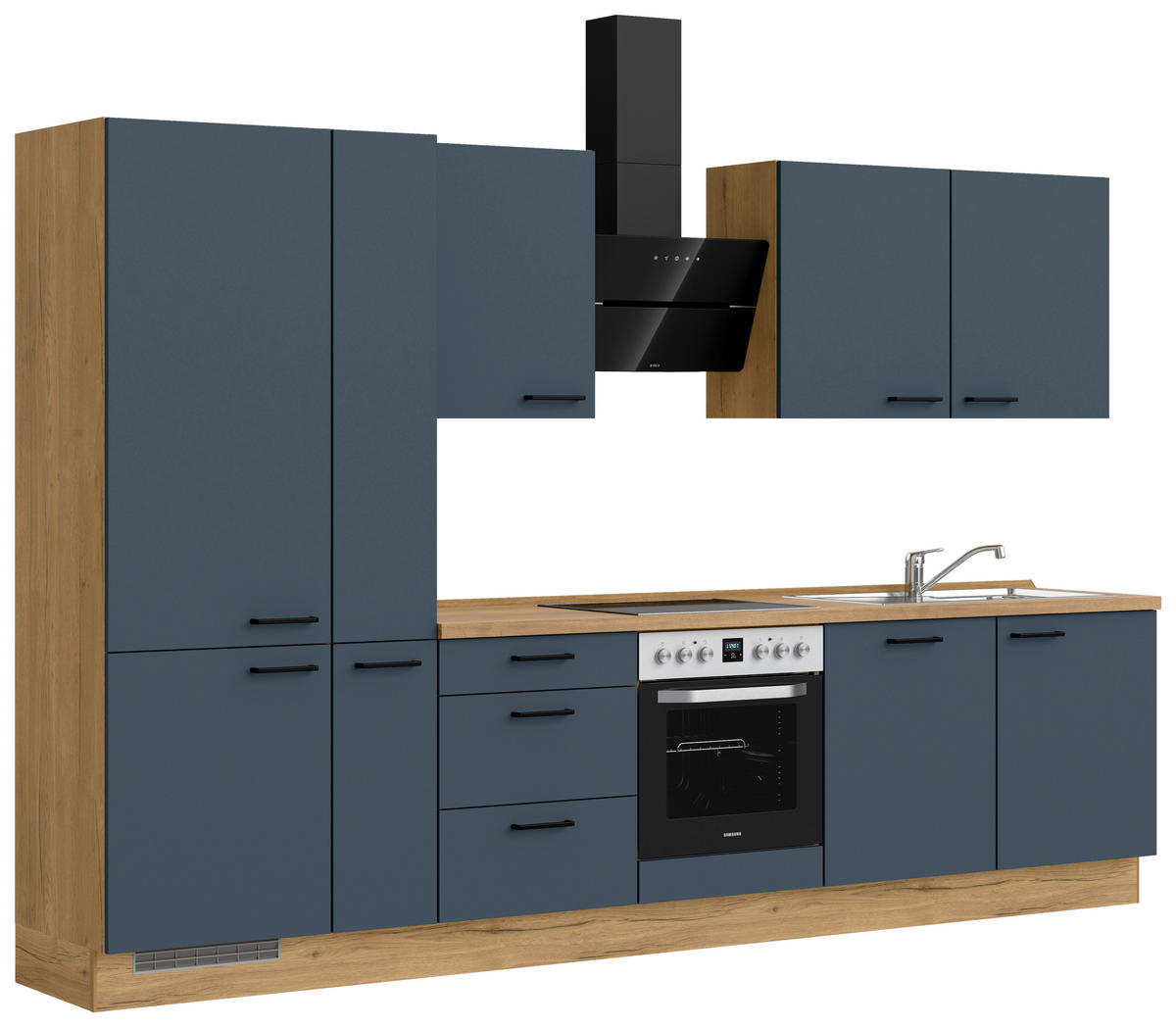 KÜCHENBLOCK 330 cm   in Eichefarben, Dunkelblau  - Eichefarben/Schwarz, MODERN, Holzwerkstoff/Metall (330cm) - Nobilia