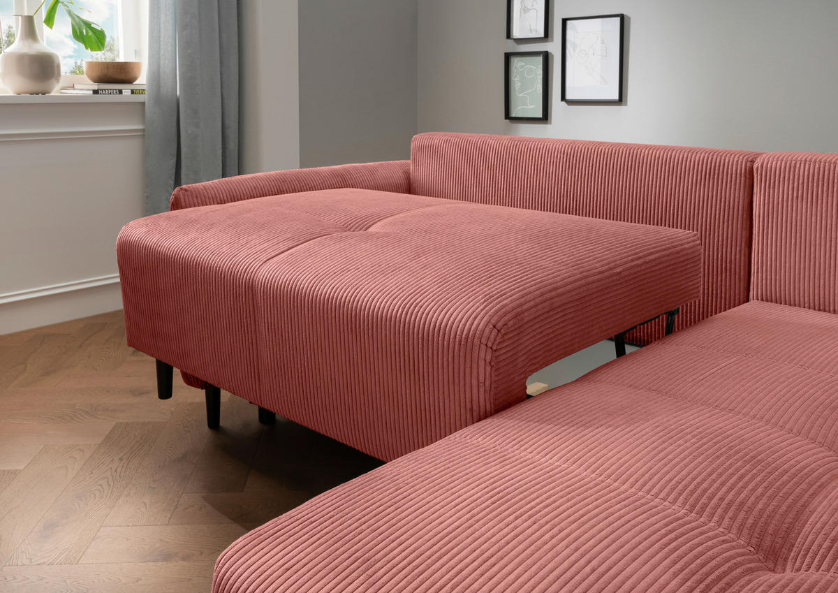 ECKSCHLAFSOFA in Cord Koralle  - Koralle/Schwarz, Basics, Holz/Textil (238/174cm) - Livetastic