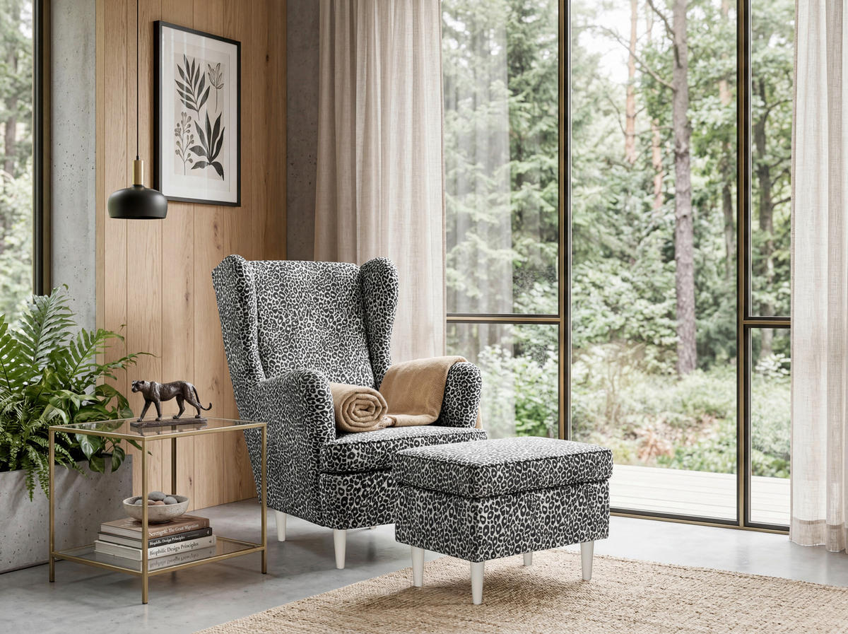 HOCKER LEO Jacquard, Webstoff Schwarz, Weiß  - Kaschmir/Schwarz, MODERN, Holz/Textil (63/43/42cm) - MID.YOU