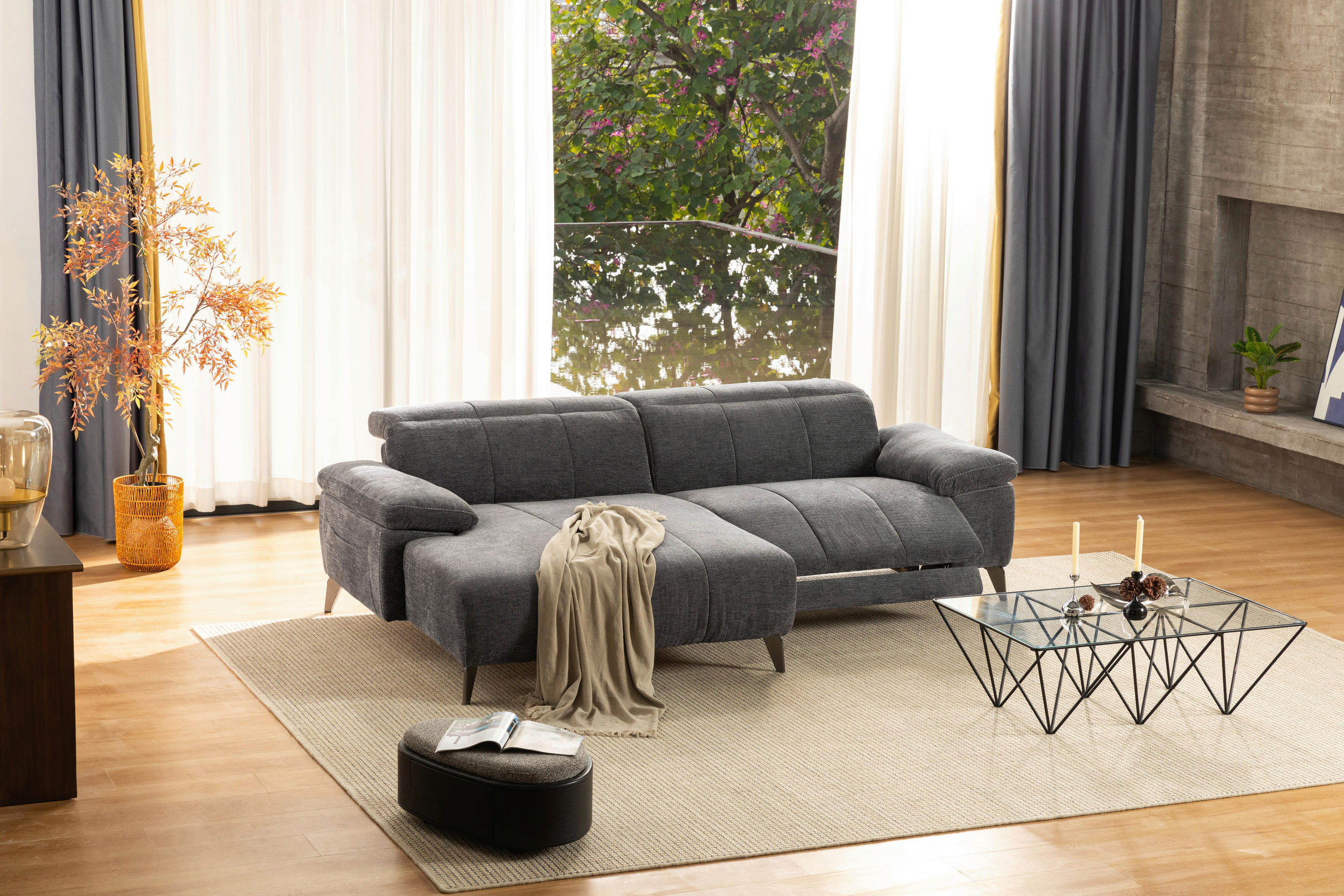 ECKSOFA Dunkelgrau Chenille  - Dunkelgrau/Silberfarben, Design, Textil/Metall (175/262cm) - Livetastic