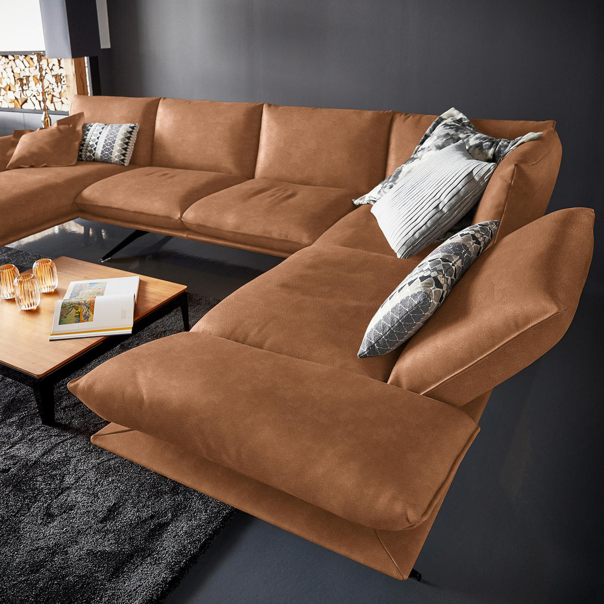 WOHNLANDSCHAFT in Echtleder Hellbraun  - Hellbraun/Schwarz, Natur, Leder/Metall (155/359/217cm) - Dieter Knoll