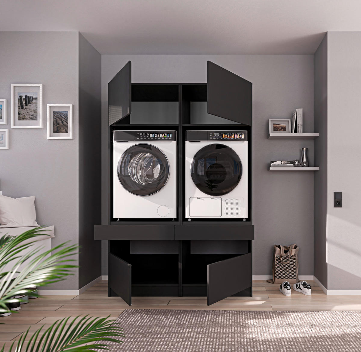 WASCHMASCHINENSCHRANK 68/200/68 cm  in Anthrazit  - Anthrazit/Schwarz, Design, Holzwerkstoff/Metall (68/200/68cm) - Milino