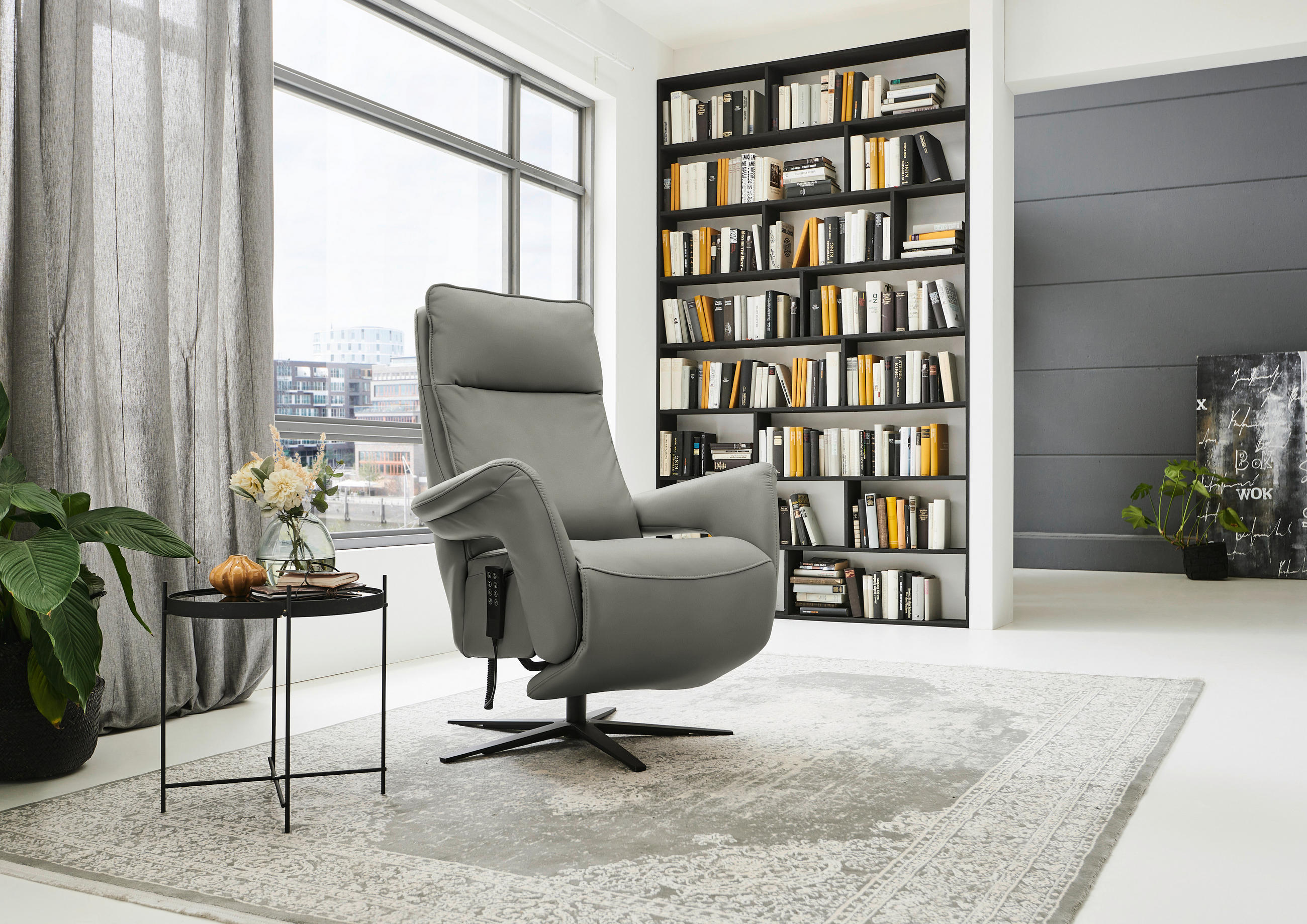 RELAXSESSEL in Leder Grau  - Schwarz/Grau, Design, Leder/Metall (83/116/87cm) - Valdera