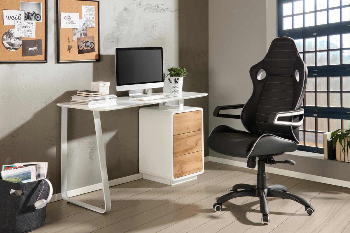 SCHREIBTISCH 140/44-60/76 cm  in Weiss, Eichefarben  - Weiss/Eichefarben, Design, Holzwerkstoff/Metall (140/44-60/76cm) - Xora