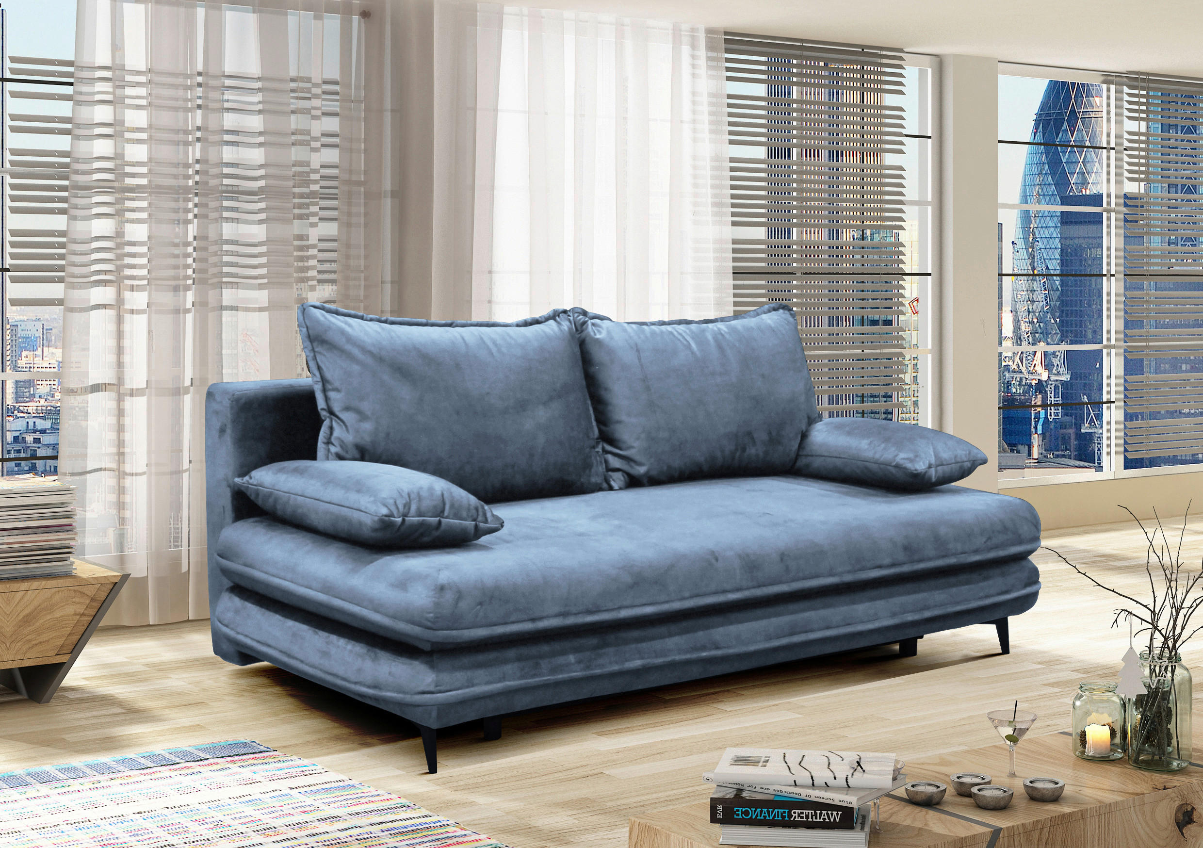 SCHLAFSOFA Velours Hellblau  - Schwarz/Hellblau, Design, Kunststoff/Textil (217/73/86/106cm) - MID.YOU