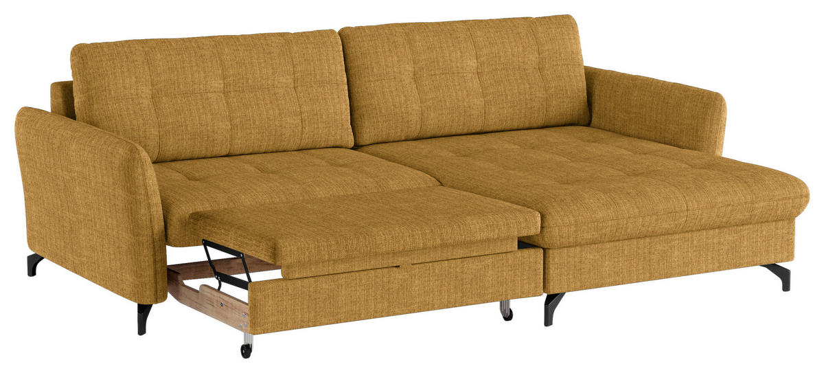 ECKSOFA in Flachgewebe, Leinenoptik Currygelb  - Currygelb/Schwarz, Design, Textil/Metall (242/170cm) - Xora