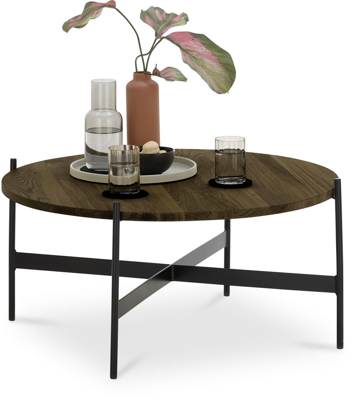 COUCHTISCH Eiche massiv 83/83/49 cm rund Schwarz, Eiche dunkel  - Eiche dunkel/Schwarz, Natur, Holz/Metall (83/83/49cm) - SetOne by Musterring
