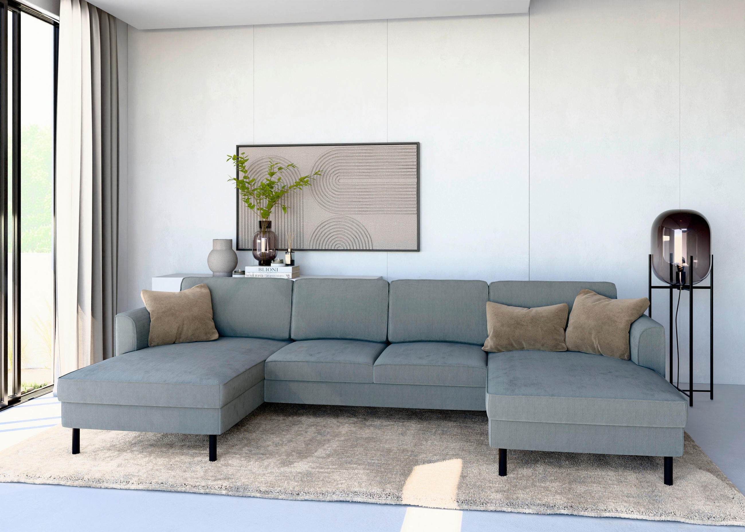 WOHNLANDSCHAFT Dunkelgrau Cord  - Dunkelgrau/Schwarz, MODERN, Textil/Metall (161/306/161cm) - Trendmanufaktur