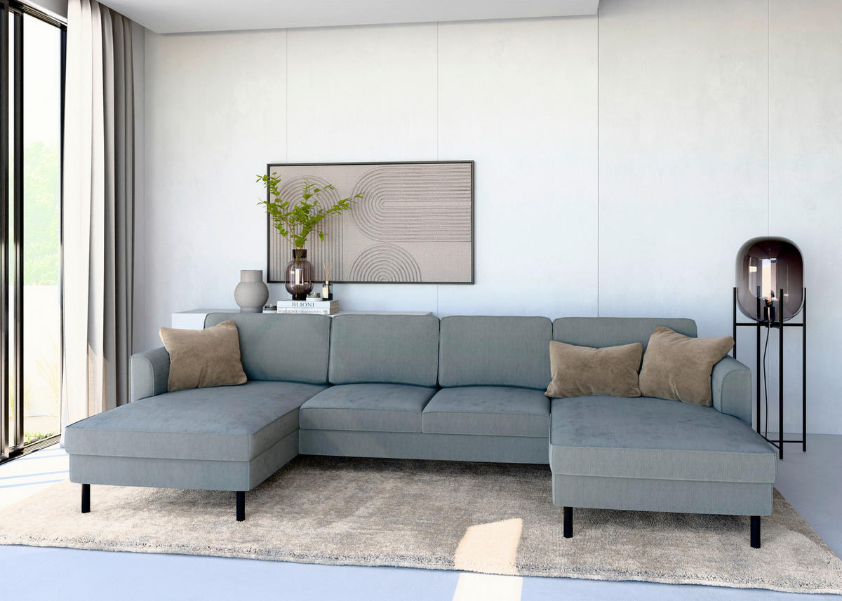 WOHNLANDSCHAFT Dunkelgrau Cord  - Dunkelgrau/Schwarz, MODERN, Textil/Metall (161/306/161cm) - Trendmanufaktur