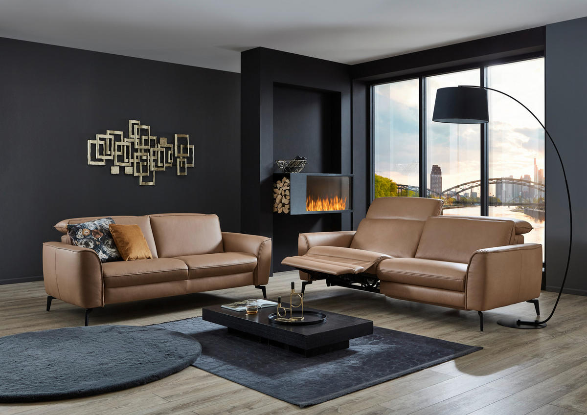 3-SITZER-SOFA in Echtleder Haselnussfarben  - Schwarz/Haselnussfarben, Natur, Leder/Metall (222/81/110cm) - Valdera