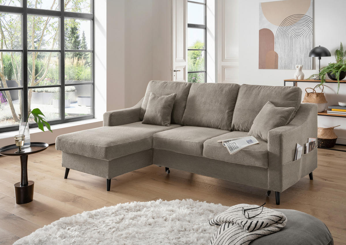 ECKSOFA Graubraun Cord  - Graubraun/Schwarz, Design, Holz/Textil (150/228cm) - P & B
