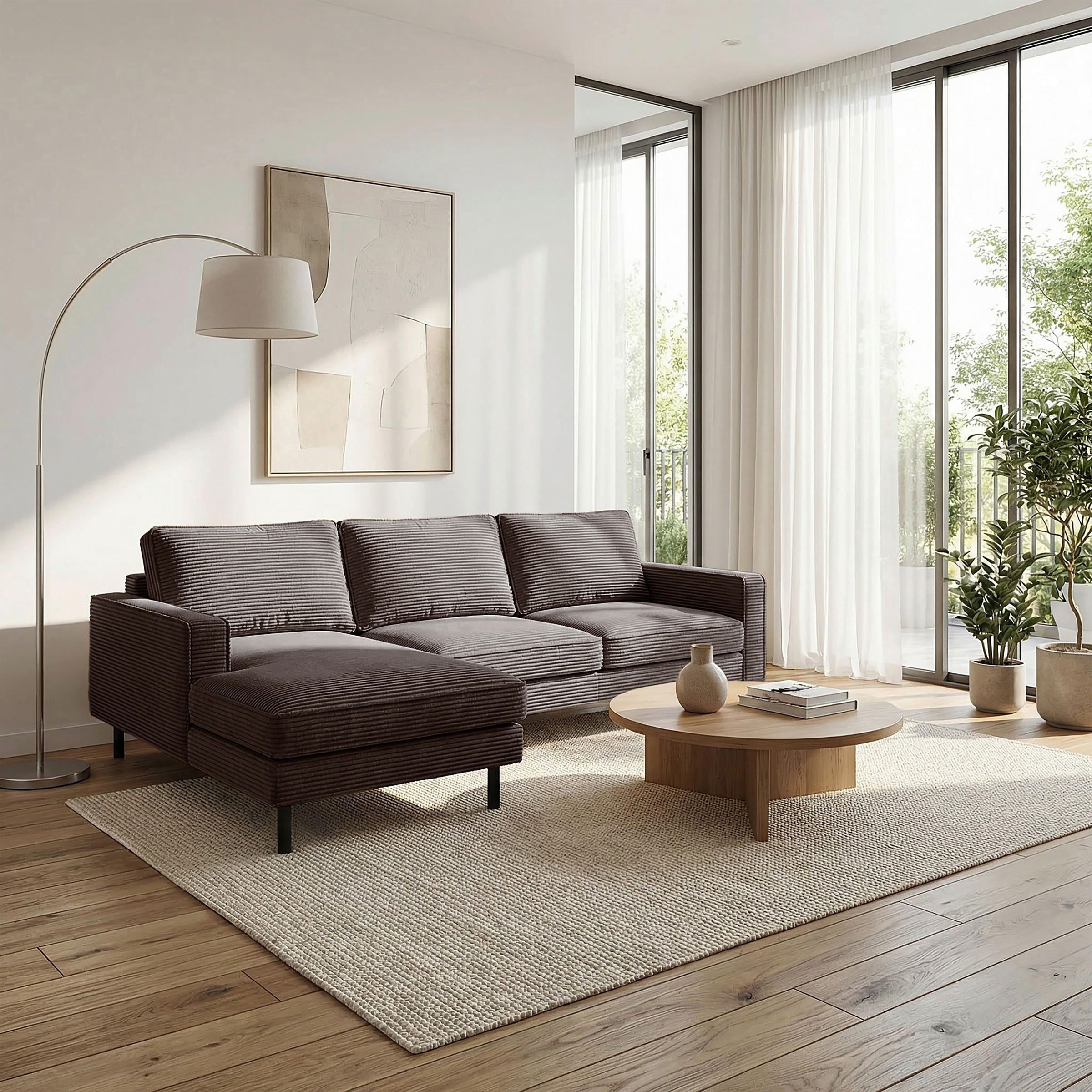 ECKSOFA Taupe Cord Rücken echt  - Taupe/Schwarz, Design, Textil/Metall (166/238cm) - Livetastic
