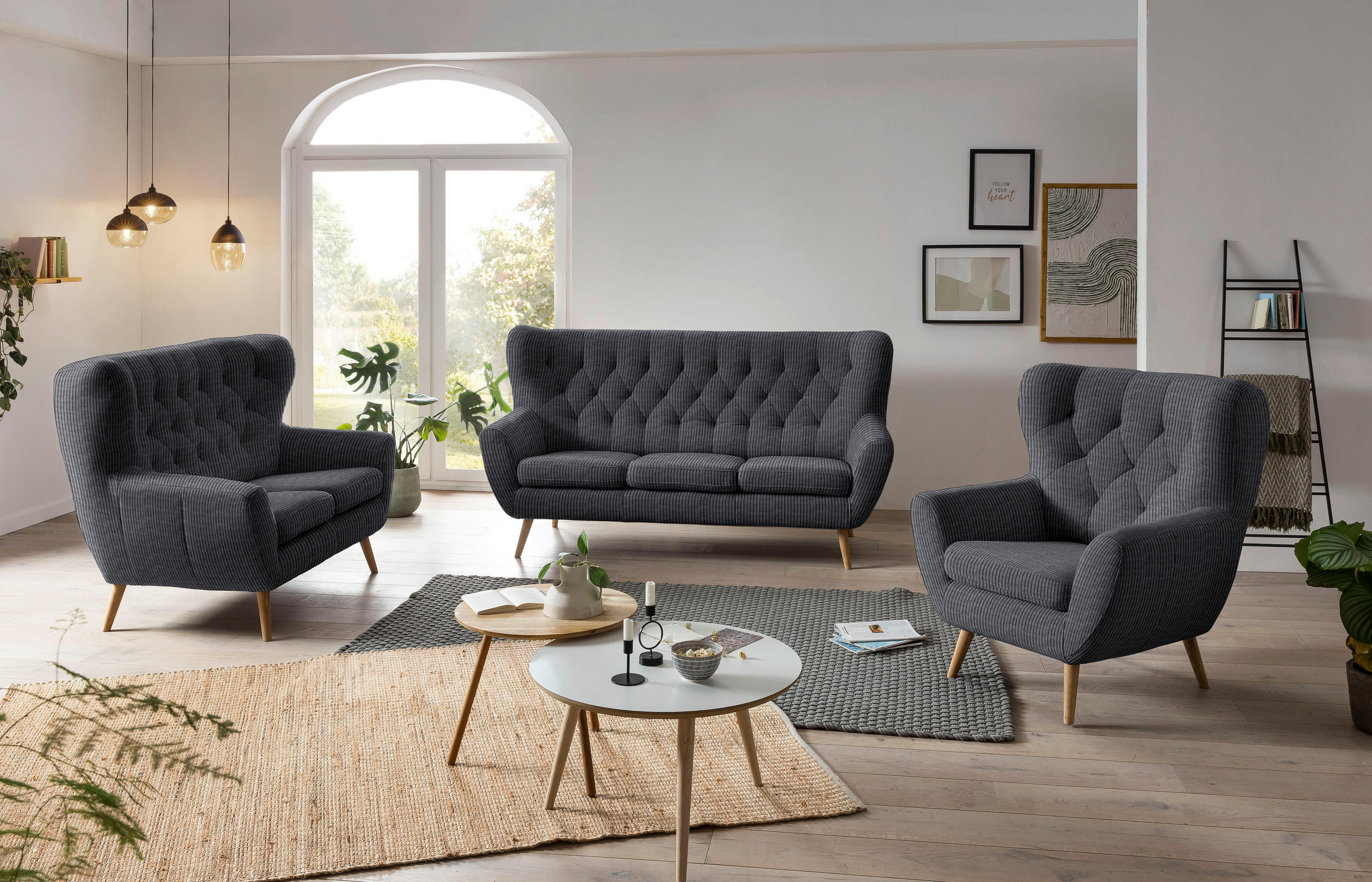 2-SITZER-SOFA in Cord Anthrazit  - Eichefarben/Anthrazit, Design, Holz/Textil (137/101/95cm) - Stylife