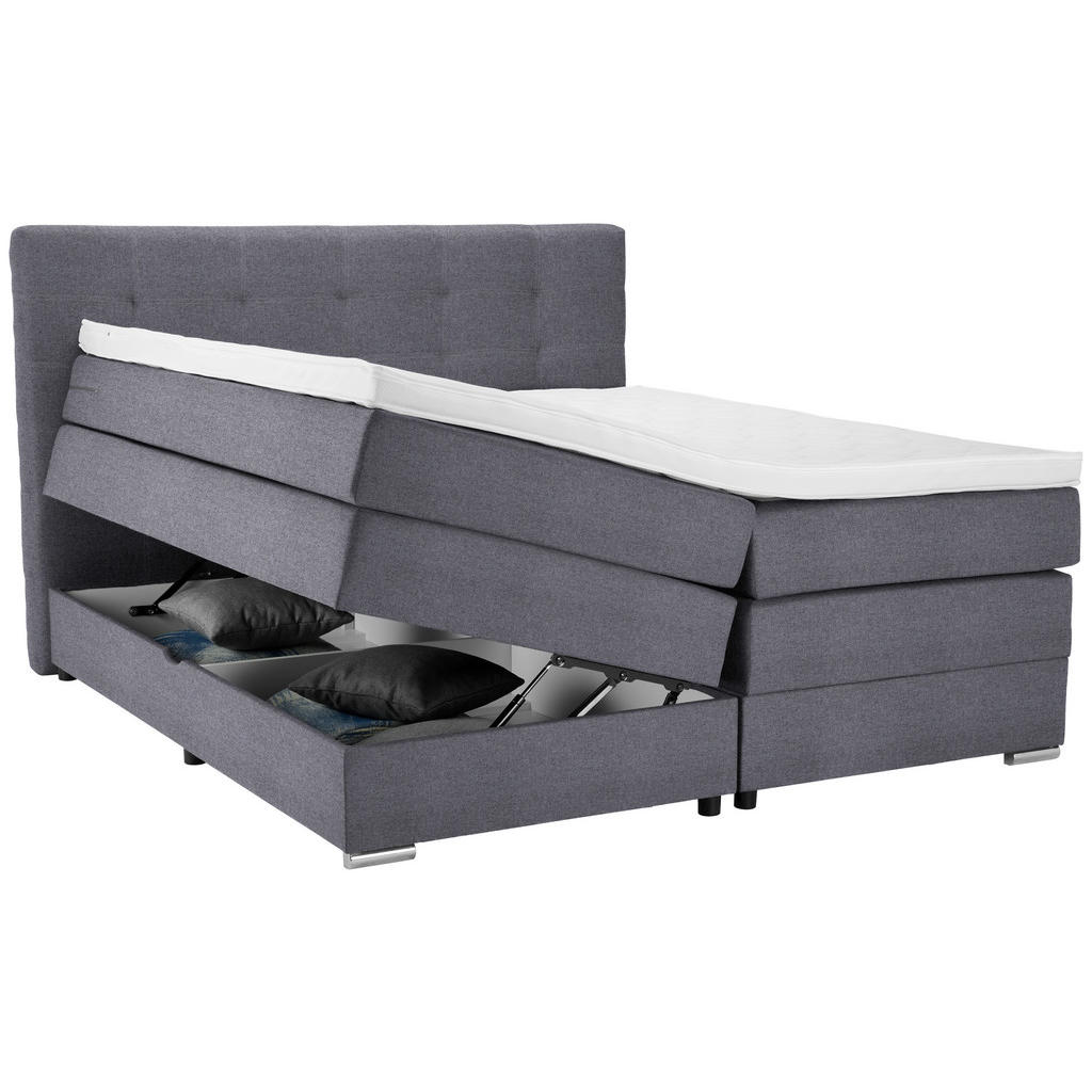 Thumbnail - Moderano Boxspringbett, Blaugrau, Textil, H3, Höhe ca. 18 cm, 160x200 cm, gepolstertes Kopfteil, Stoffauswahl, Topper du...