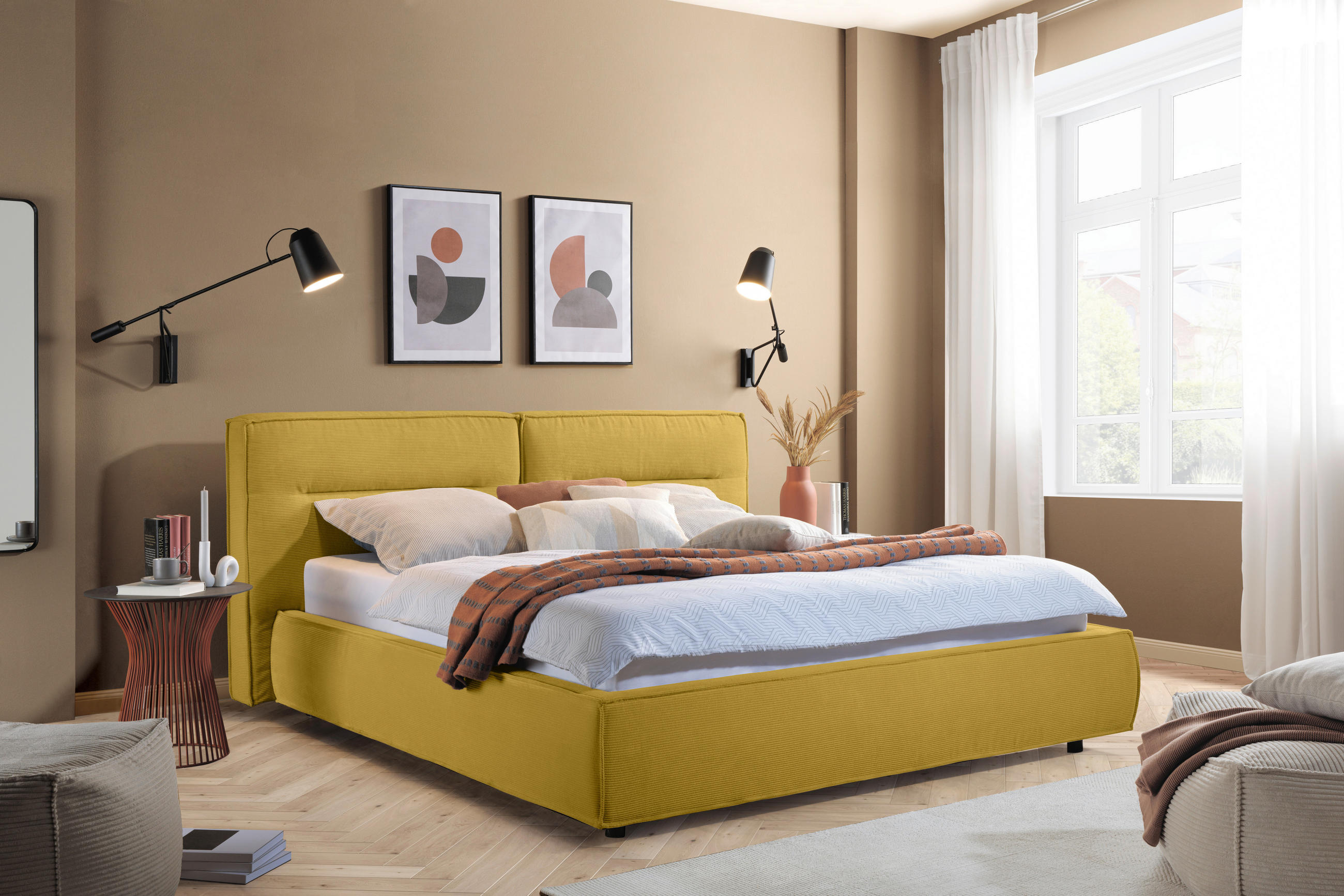 POLSTERBETT gepolstertes Kopfteil 180/200 cm  in Currygelb  - Currygelb/Schwarz, Design, Kunststoff/Textil (180/200cm) - Lomoco