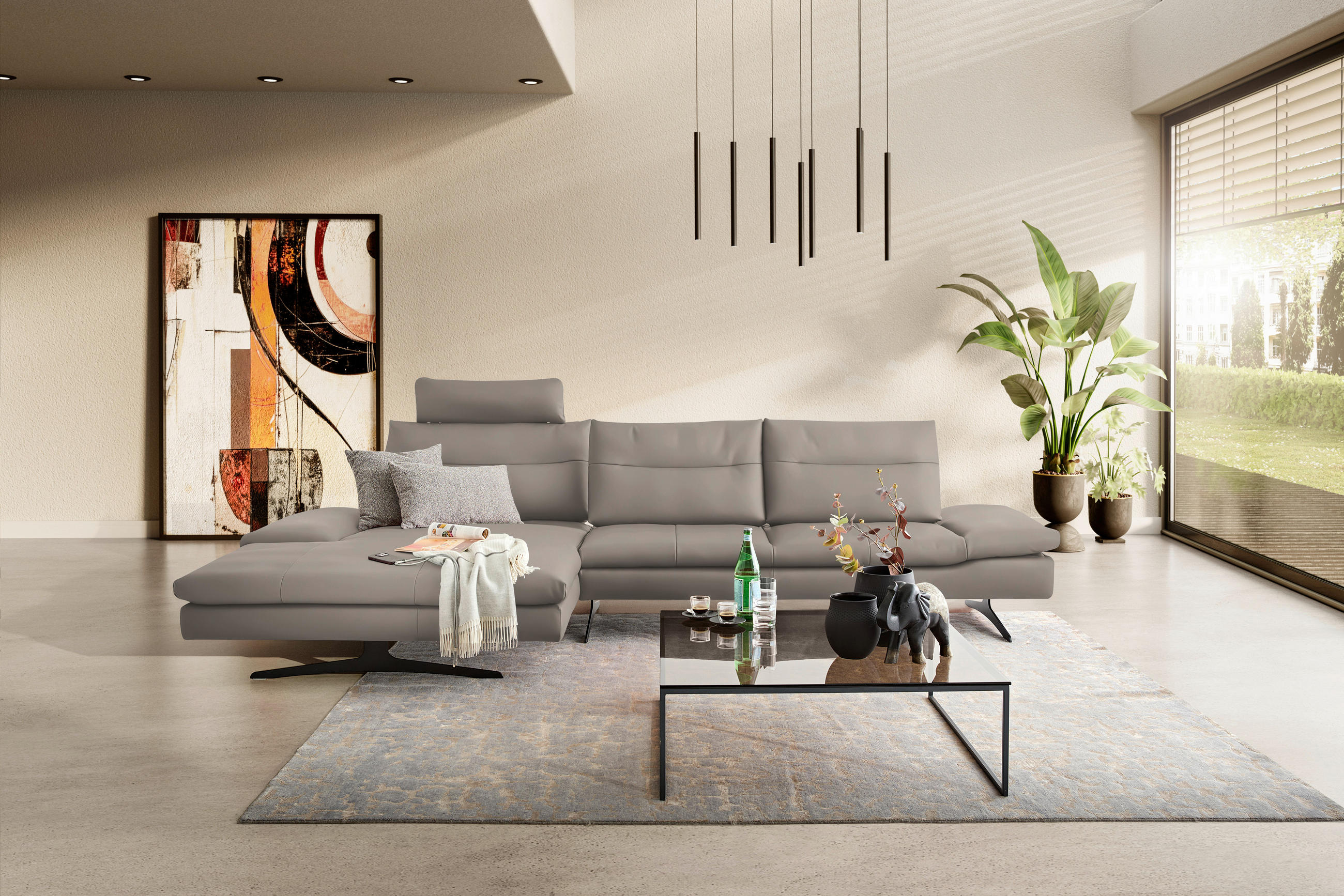 ECKSOFA in Echtleder Taupe  - Taupe/Schwarz, Modern, Leder/Metall (158/342cm) - Chilliano