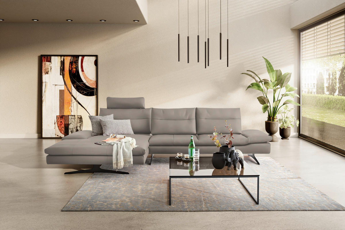 ECKSOFA Echtleder Taupe  - Taupe/Schwarz, Modern, Leder/Metall (158/342cm) - Chilliano